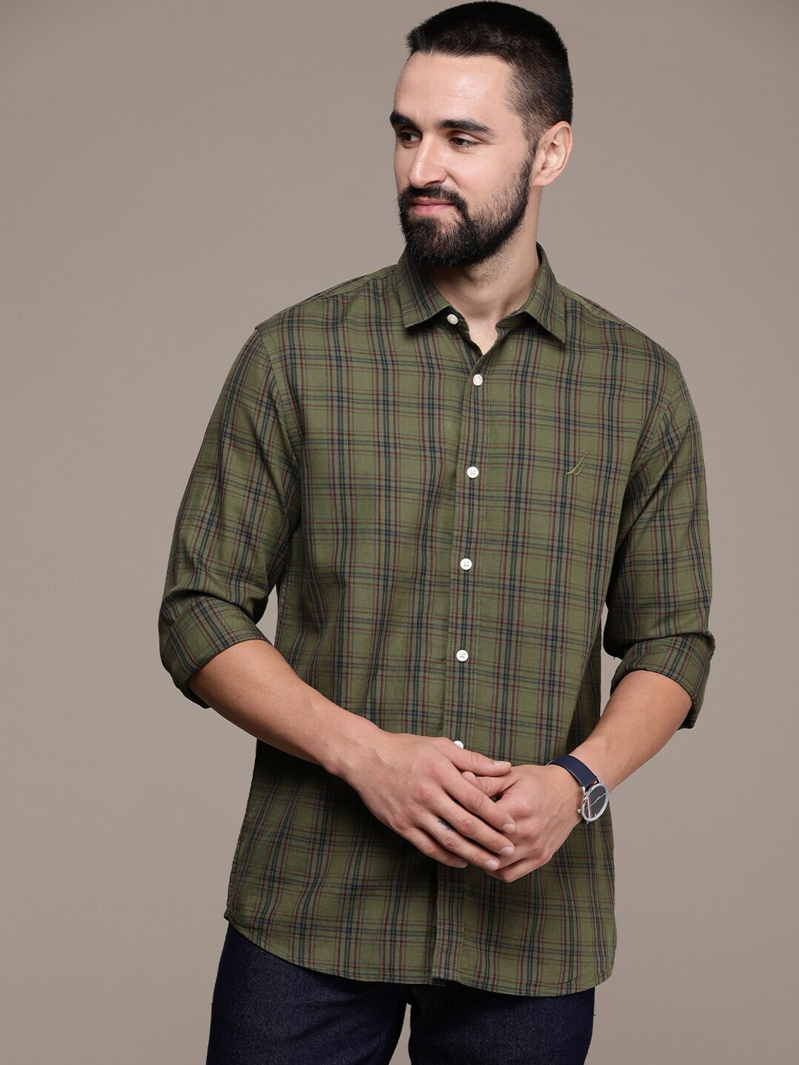 Image of NAUTICA Men Checkered Casual Green, Red, Dark Blue Shirt