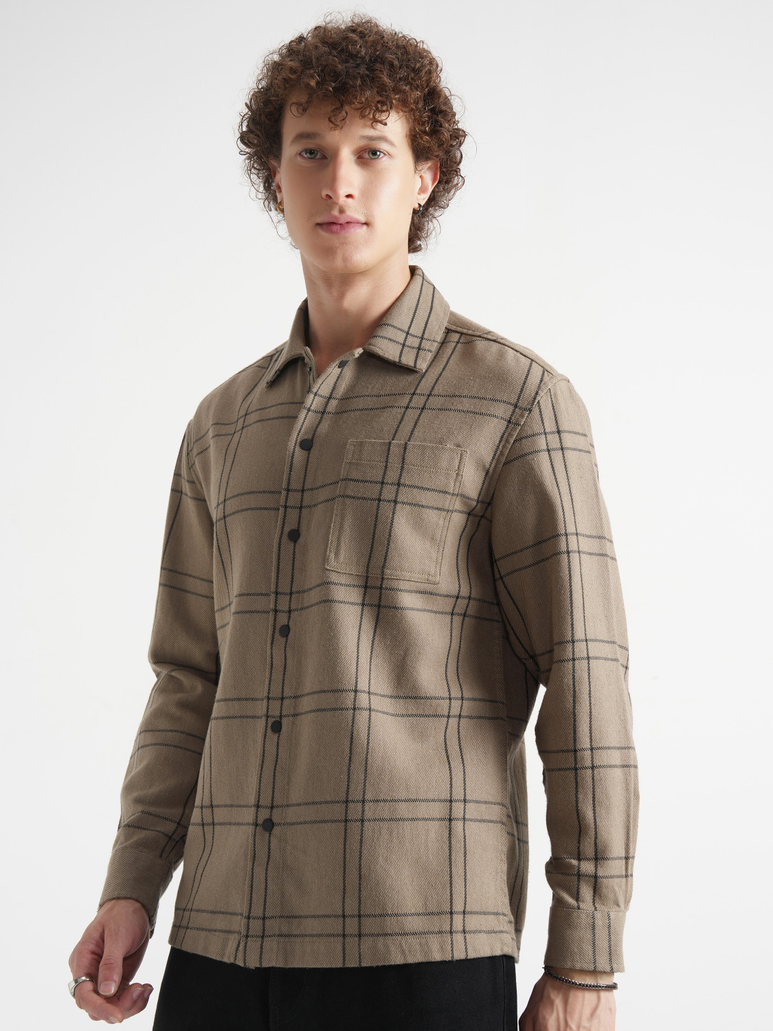 Image of HIGHLANDER Men Checkered Casual Khaki Shirt