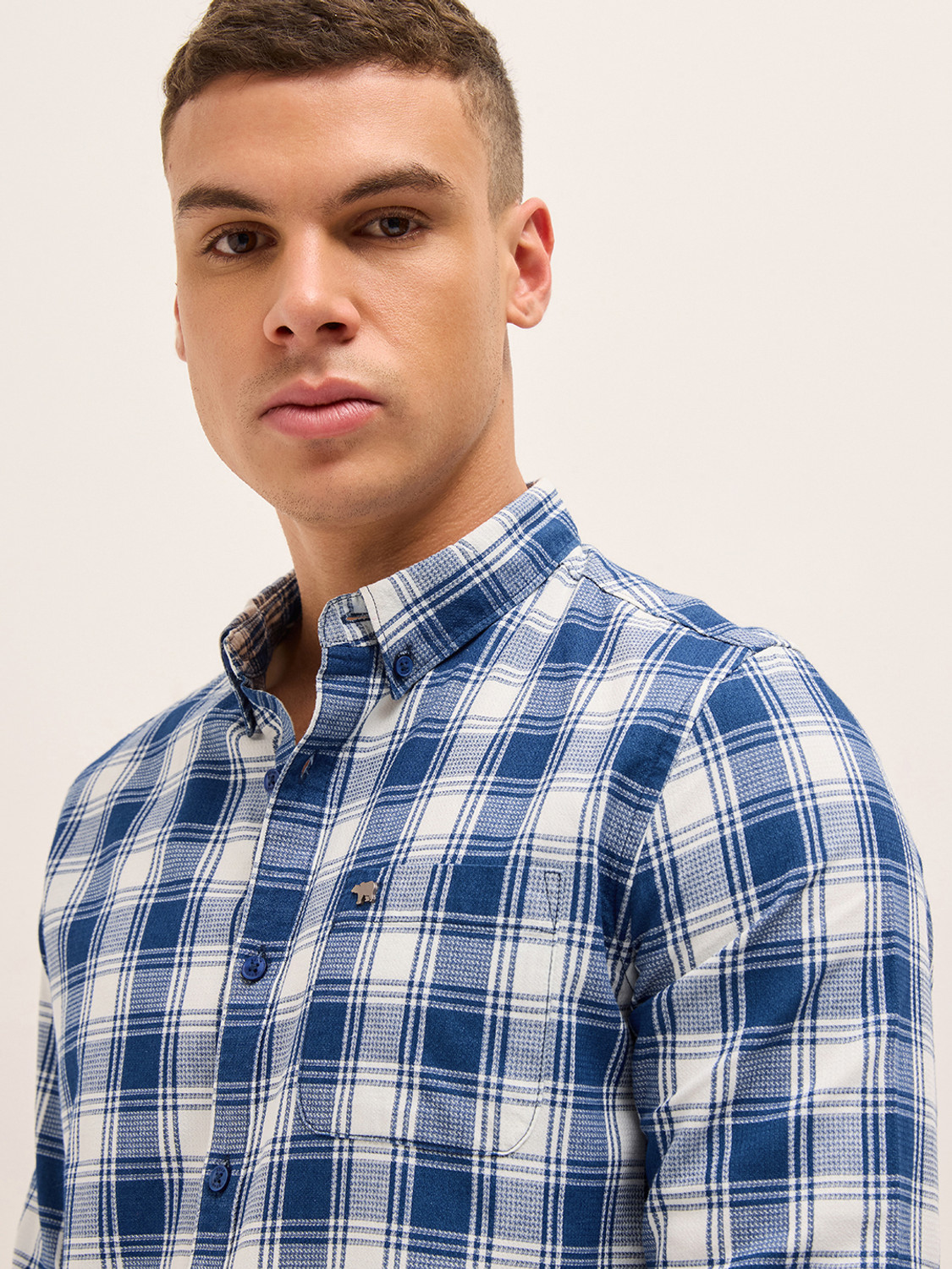 Image of THE BEAR HOUSE Men Checkered Casual Blue Shirt