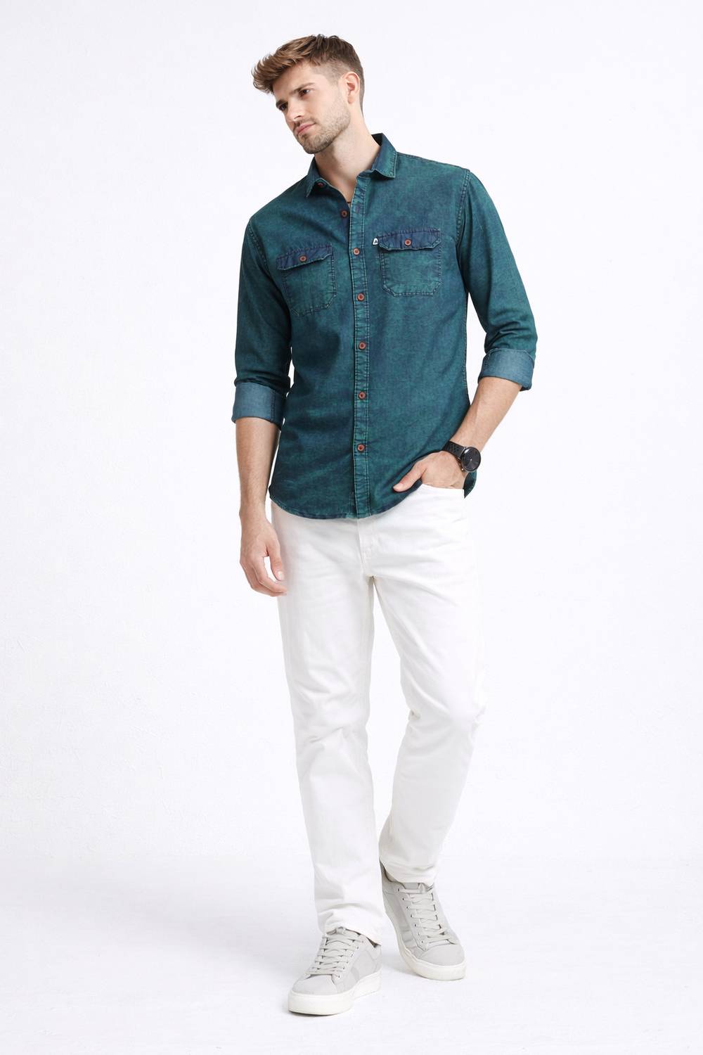 AIDAN Men Washed Casual Green Shirt - Image 4