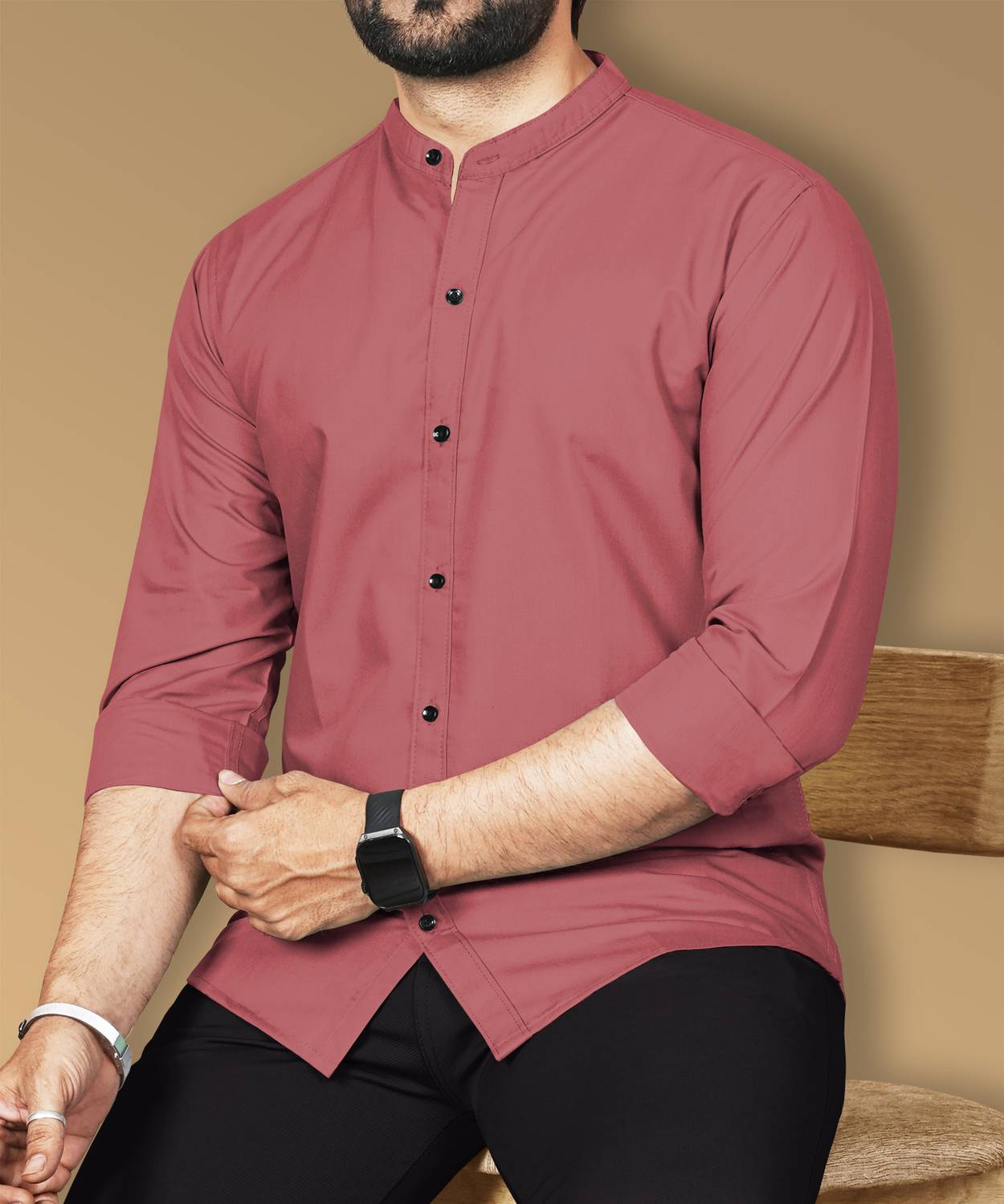 VeBNoR Men Regular Fit Solid Mandarin Collar Casual Shirt