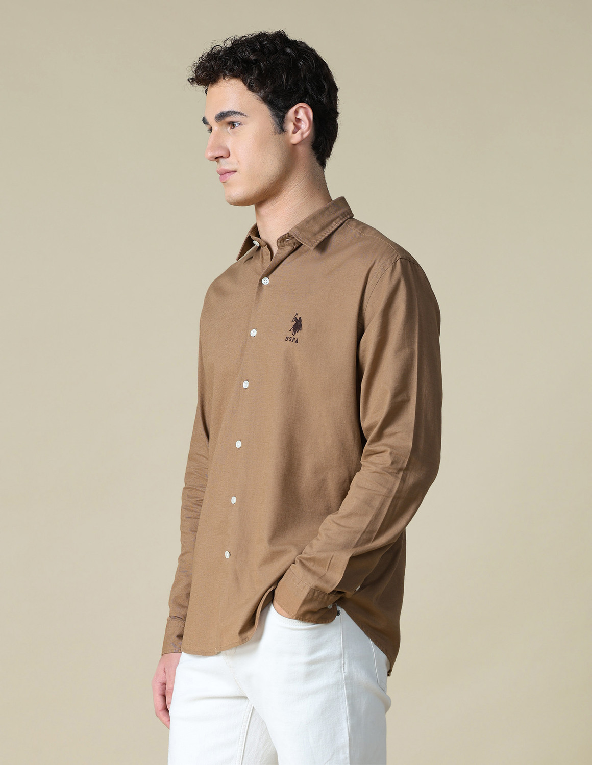 Image of U.S. Polo Assn. Denim Co. Men Embroidered Casual Brown Shirt