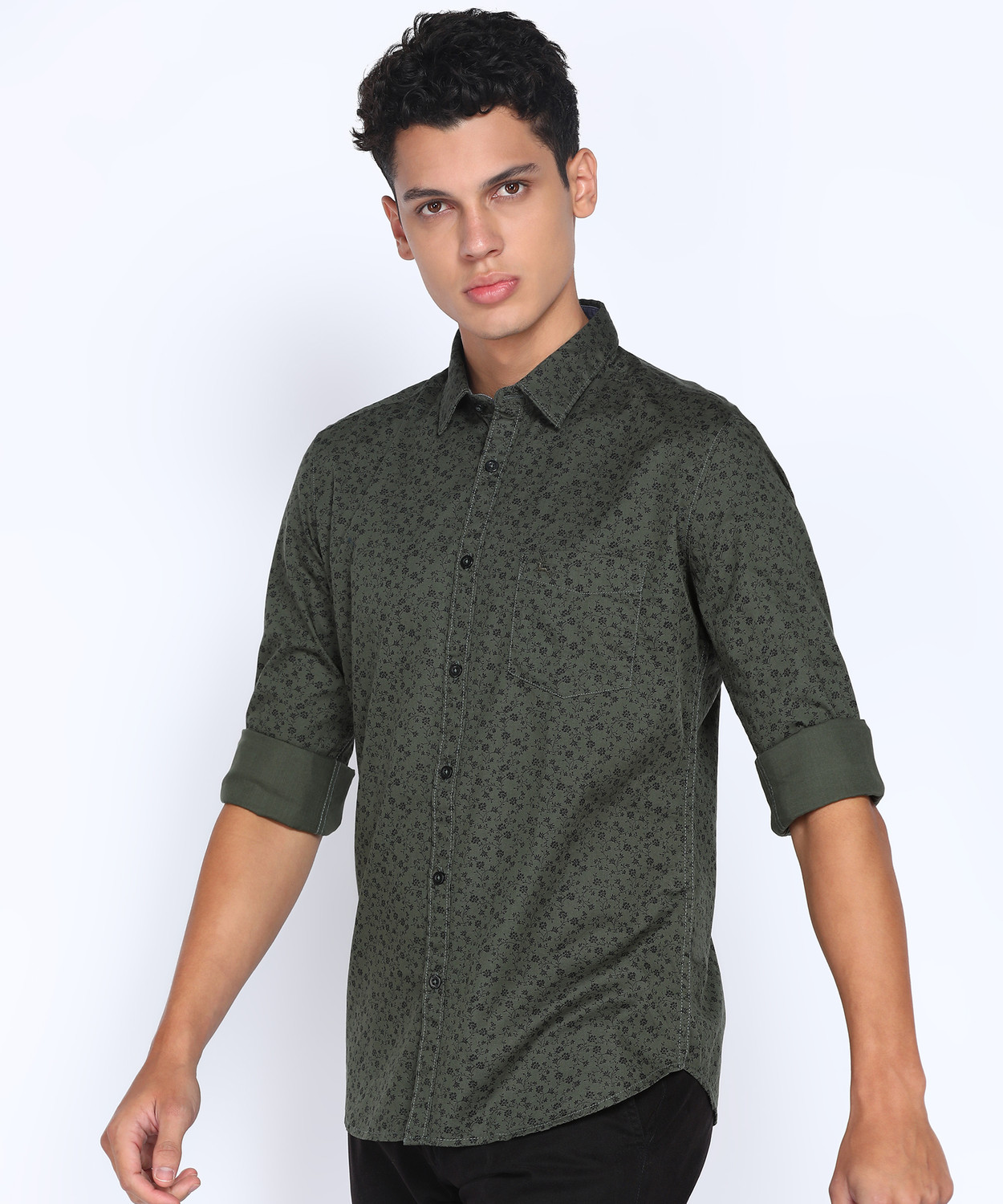 Image of PARX Men Floral Print Casual Dark Green Shirt