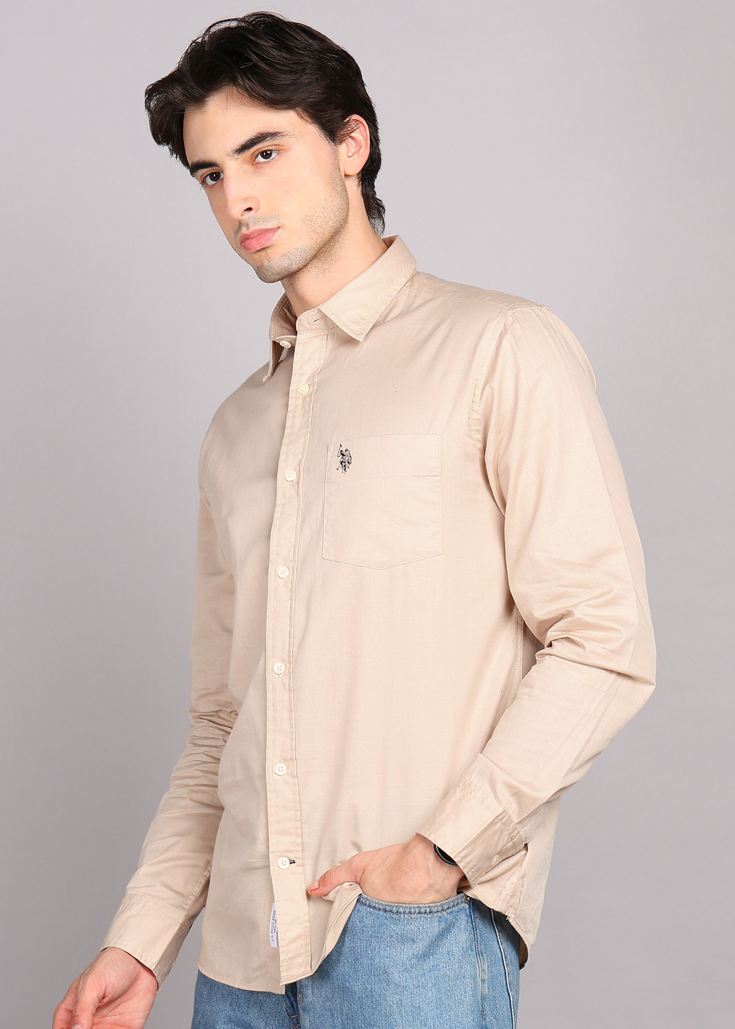 Image of U.S. POLO ASSN. Men Solid Casual Beige Shirt