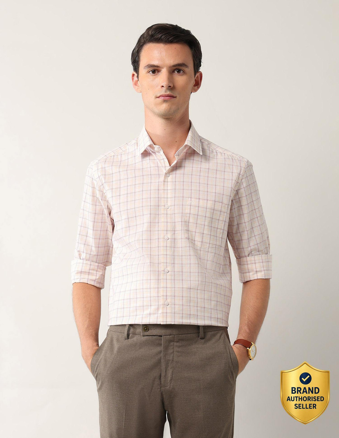 Image of ARROW Men Checkered Formal Orange Shirt
