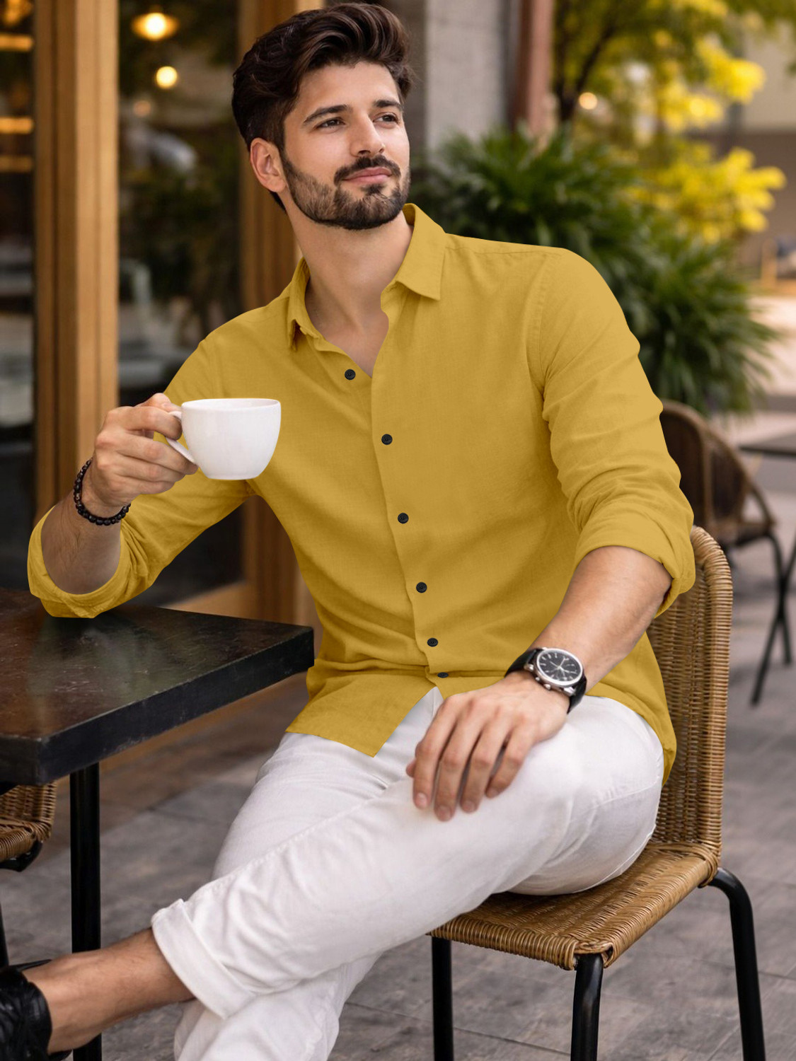 Image of Mameru Men Regular Fit Solid Spread Collar Casual Shirt