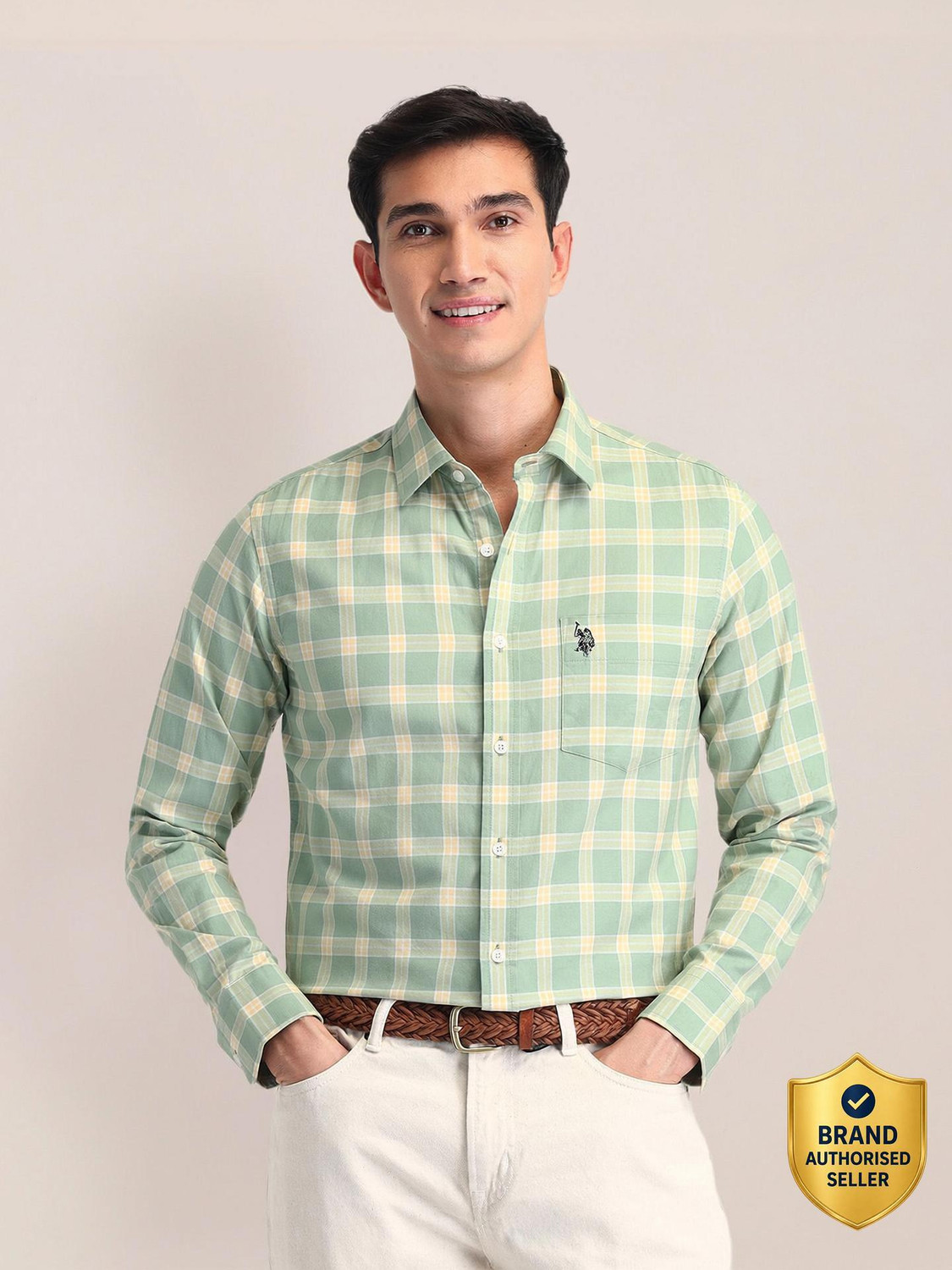 U.S. POLO ASSN. Men Checkered Casual Green Shirt