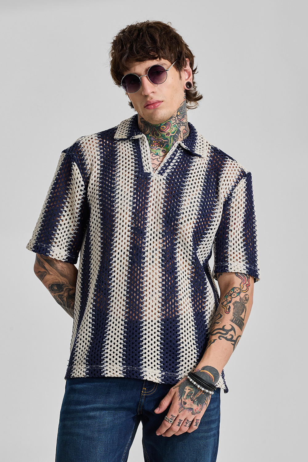Image of Snitch Men Striped Casual Blue Shirt
