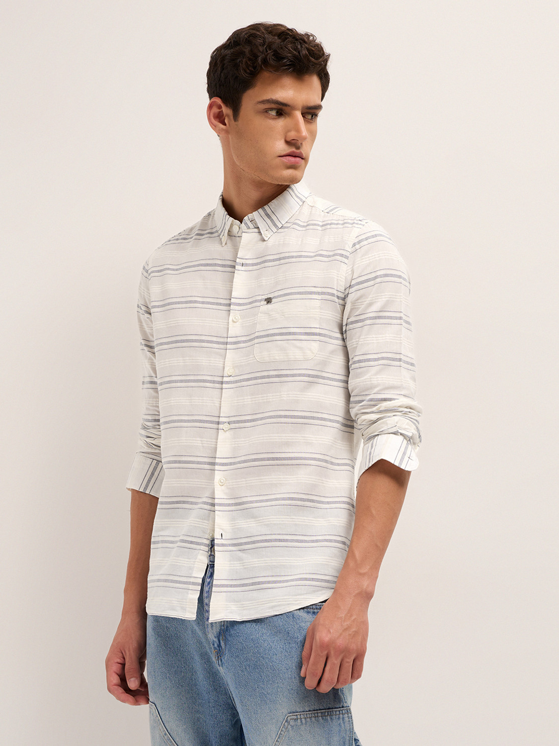 Image of THE BEAR HOUSE Men Striped Casual White Shirt