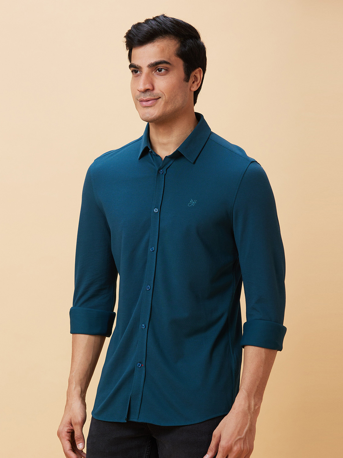 Image of BEING HUMAN Men Solid Casual Dark Blue Shirt
