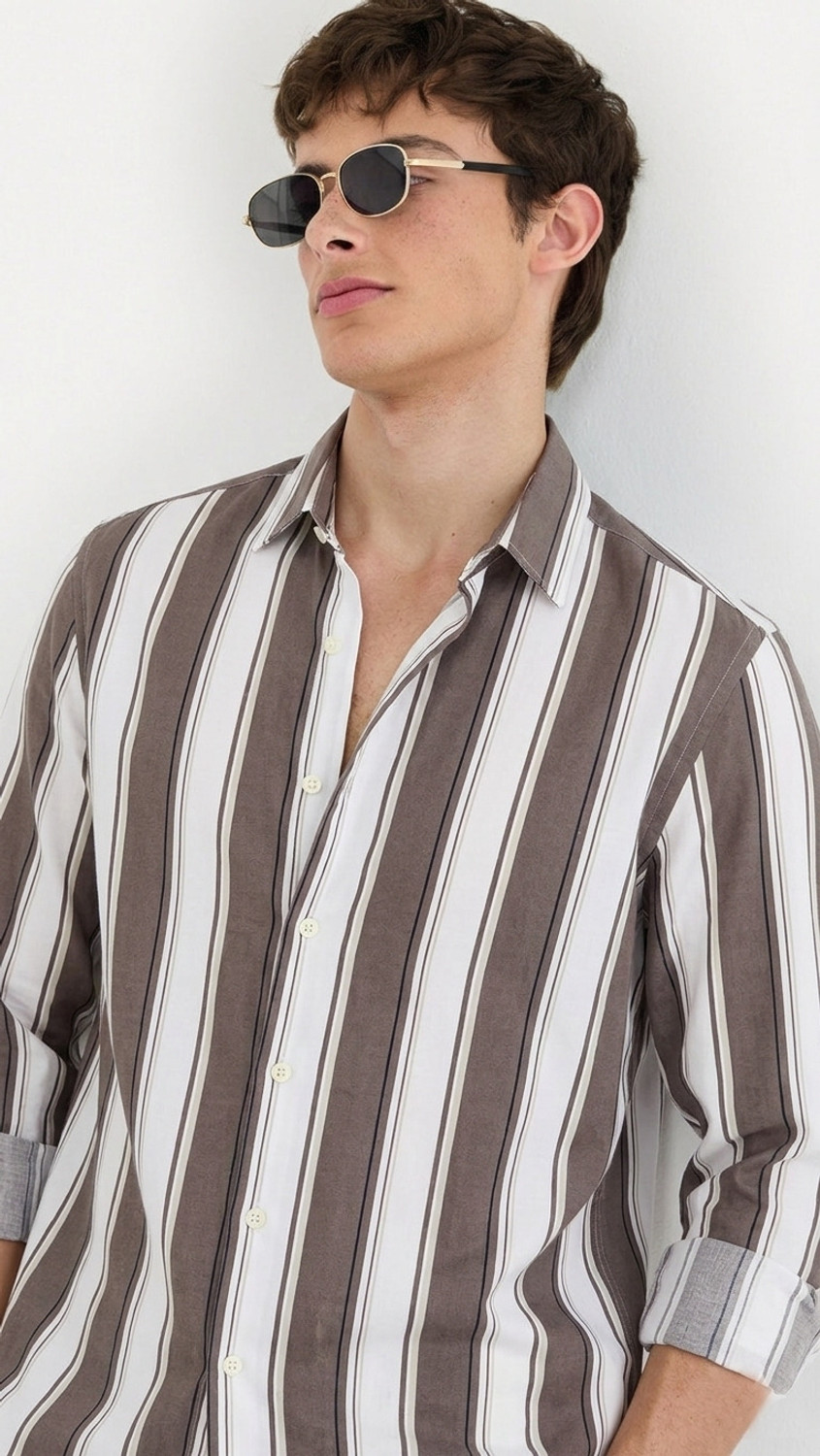 Image of SHIRTZONE Men Striped Casual Brown Shirt
