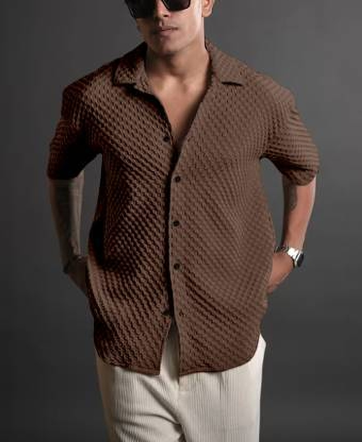 Image of Voroxy Men Self Design Casual Brown Shirt