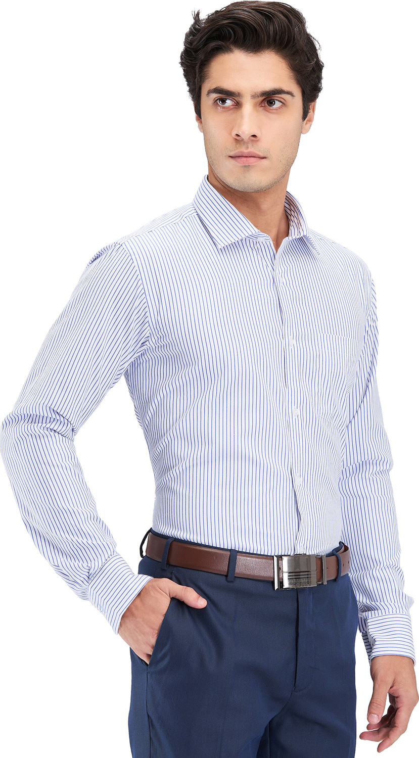 Image of PARK AVENUE Men Striped Formal Blue Shirt