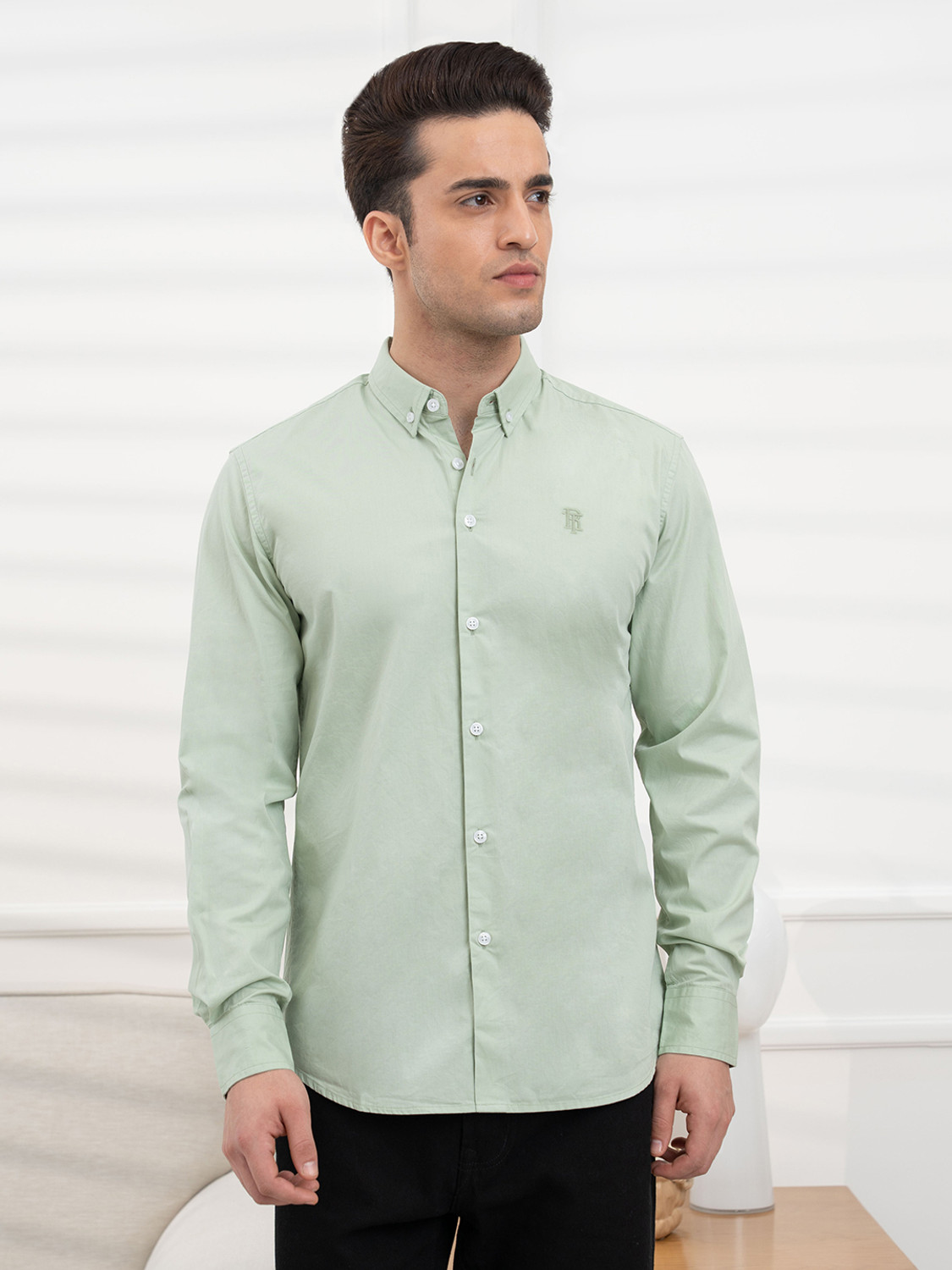 Image of RED TAPE Men Solid Casual Light Green Shirt