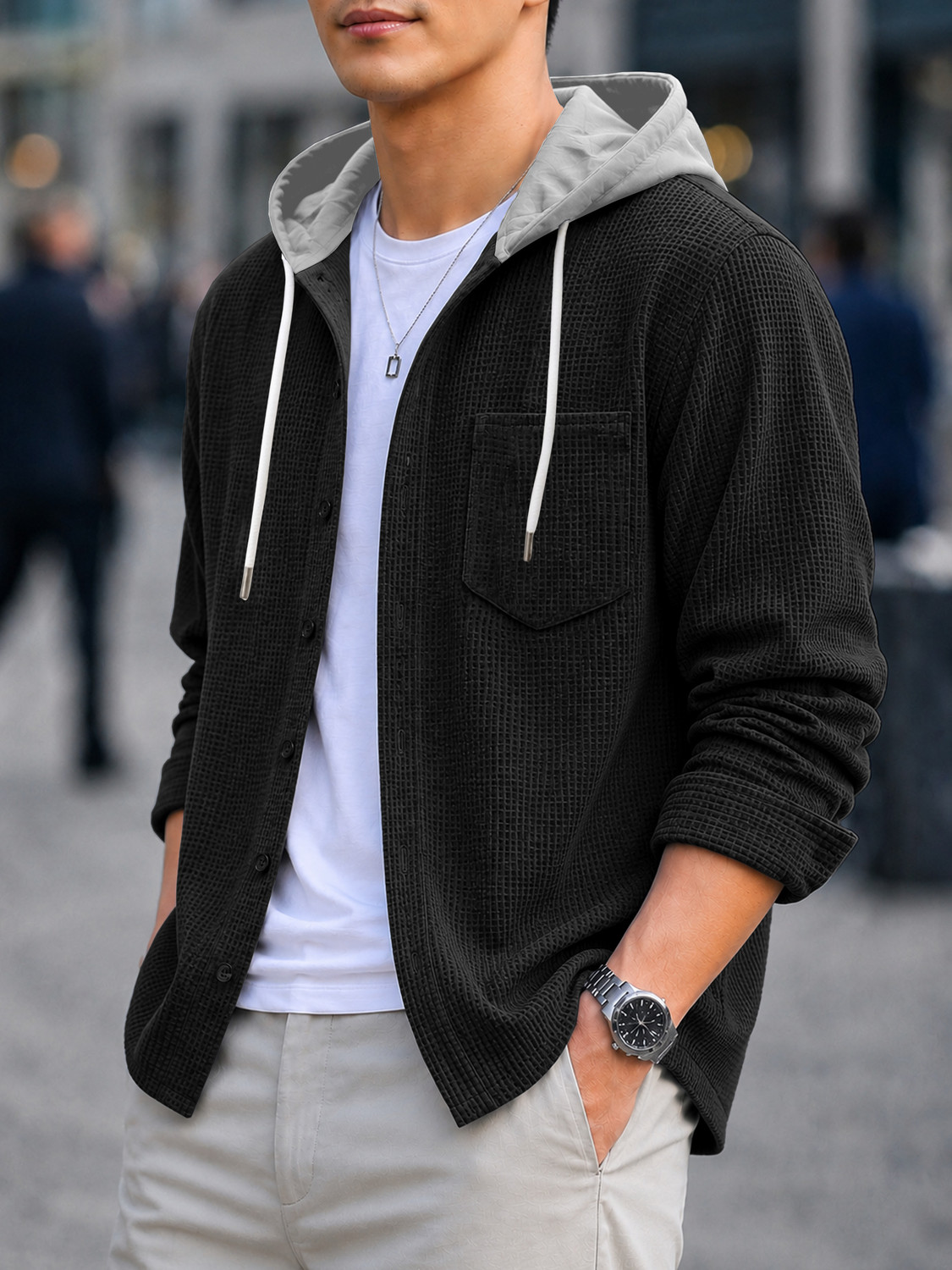 Image of EyeBogler Men Self Design Casual Black Shirt