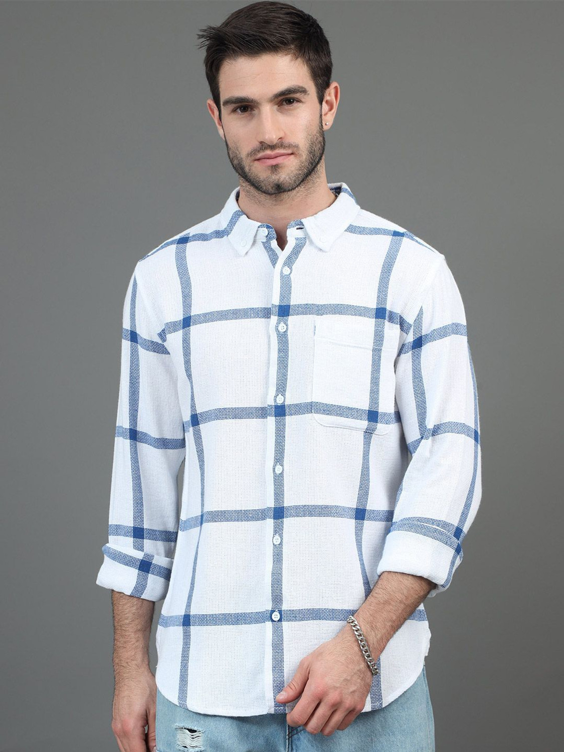 Image of HERE&NOW Men Checkered Casual White Shirt