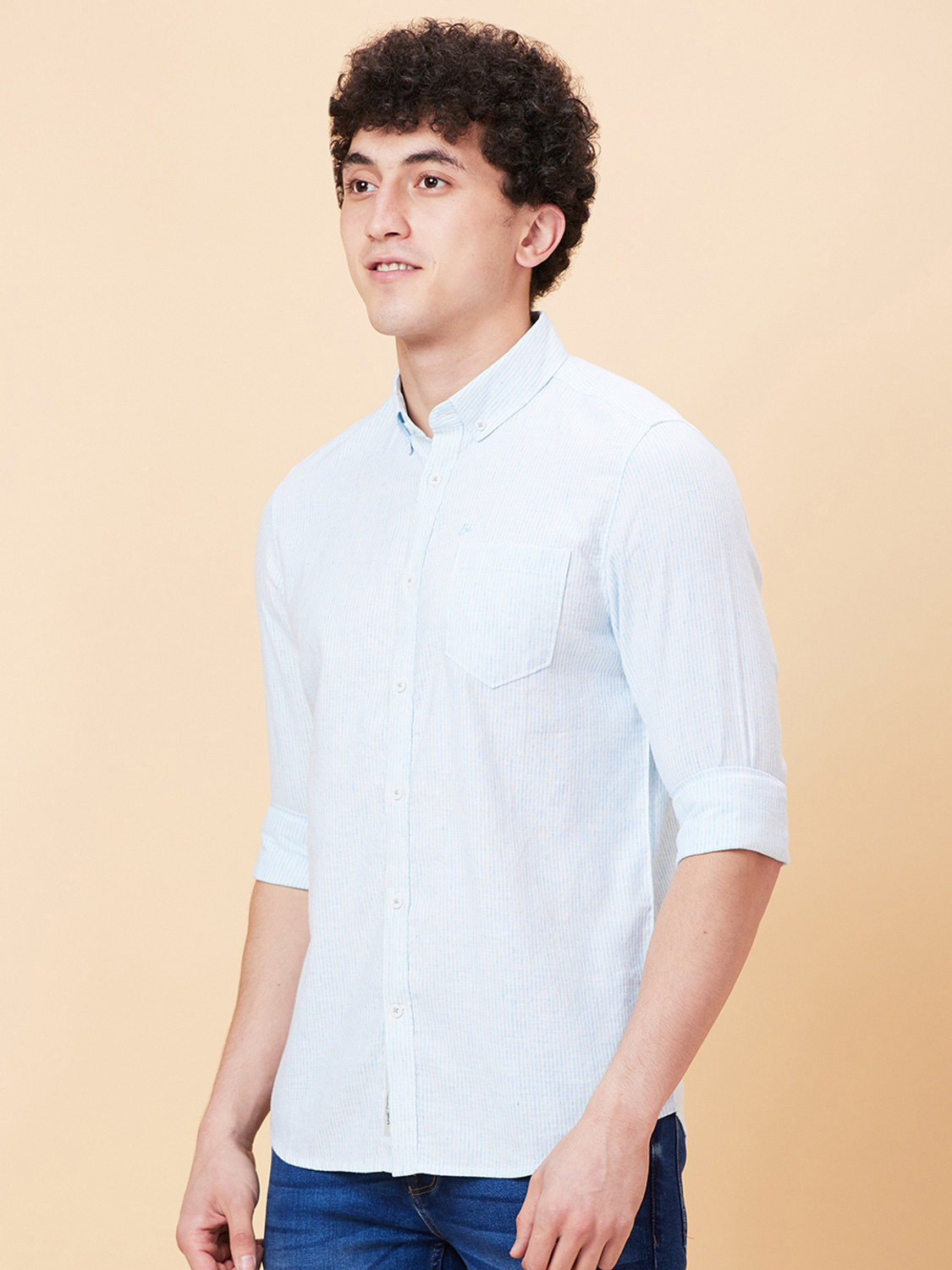 Image of BEING HUMAN Men Striped Casual Light Blue Shirt