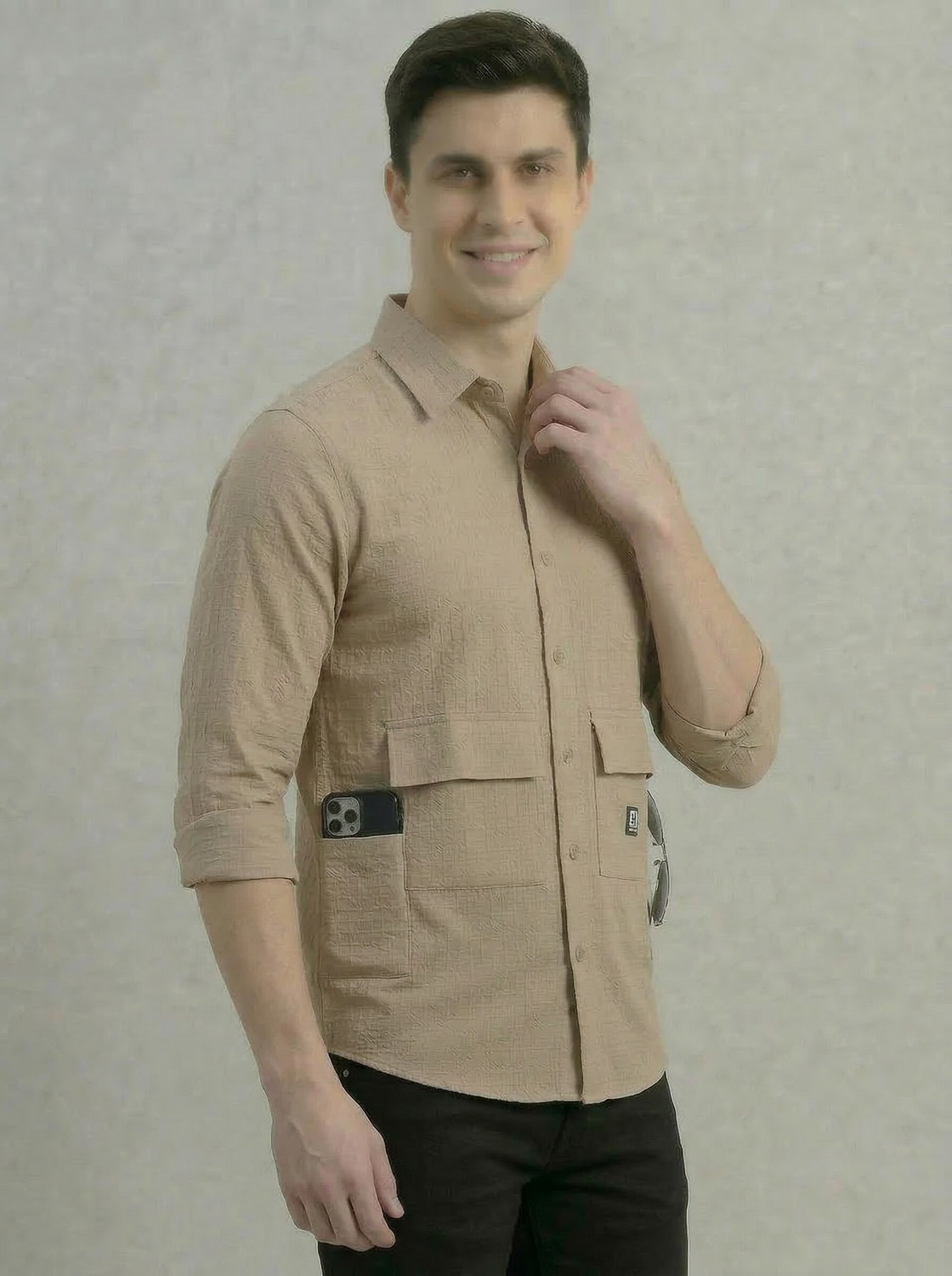 Image of METRONAUT Men Self Design Casual Beige Shirt