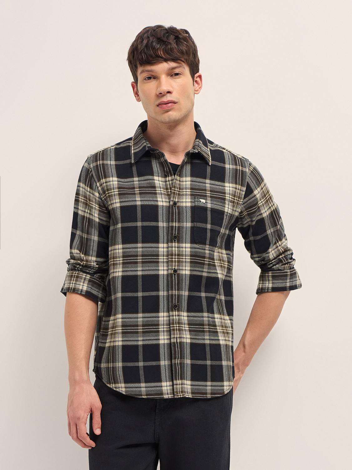 THE BEAR HOUSE Men Checkered Casual Cream Shirt