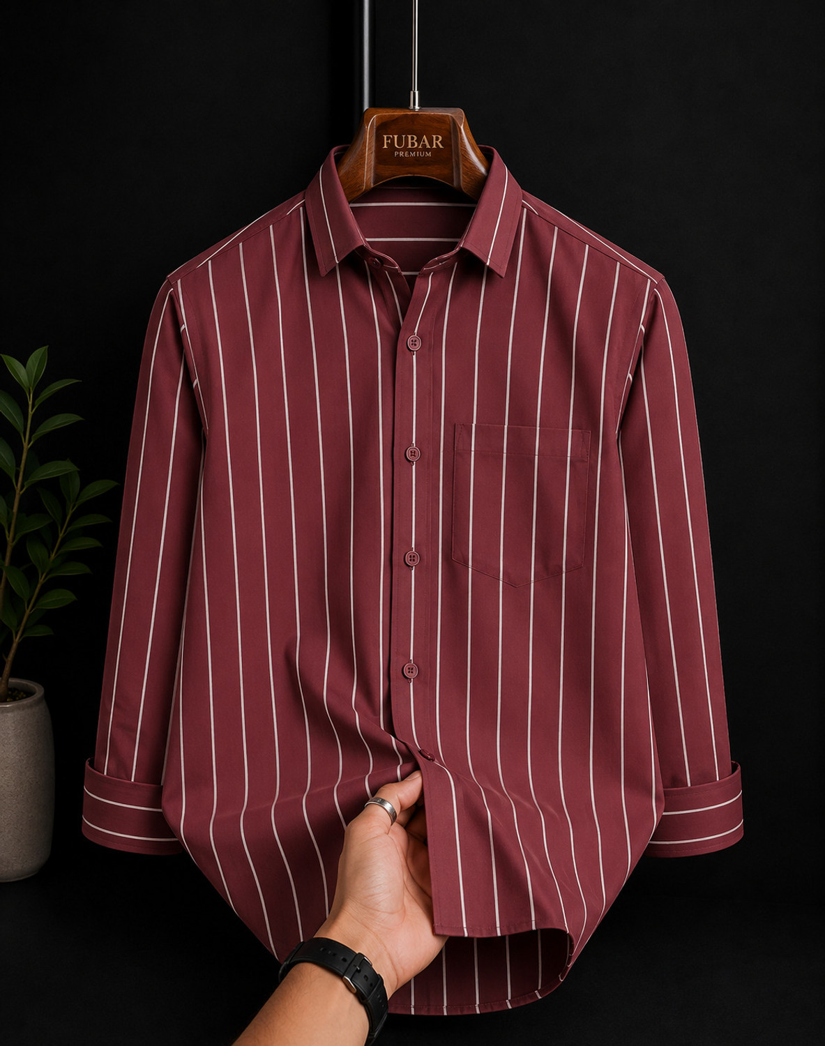 Image of FUBAR Men Striped Casual Maroon Shirt