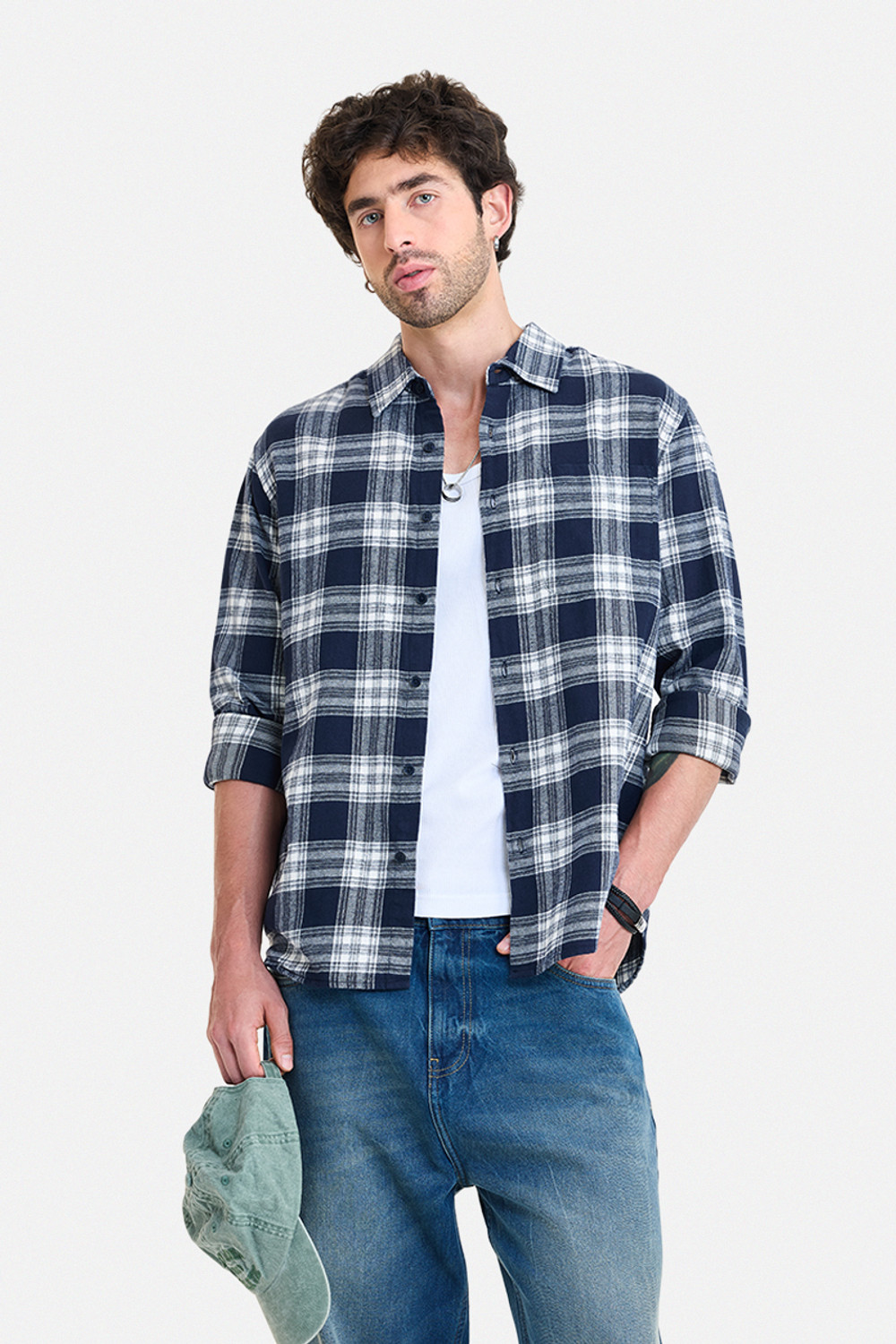 Image of Snitch Men Checkered Casual Dark Blue Shirt