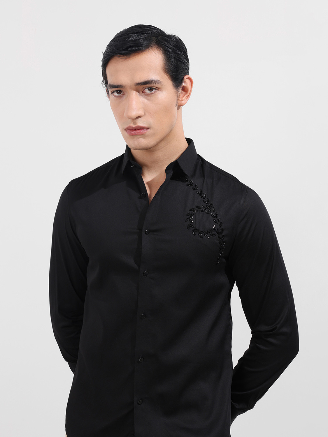 Image of The Indian Garage Co. Men Slim Fit Embellished Cut Away Collar Party Shirt