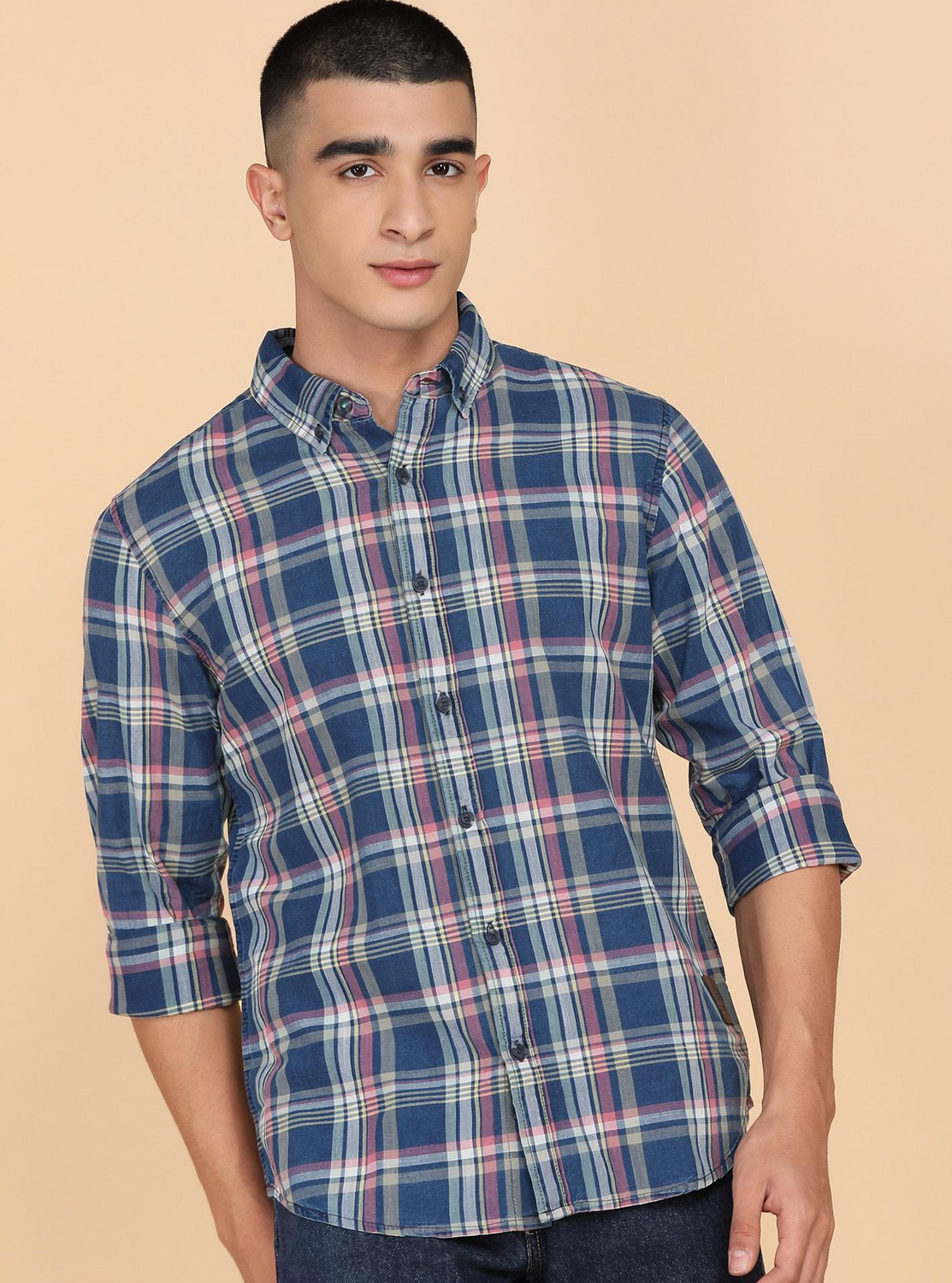 Image of United Colors of Benetton Men Checkered Casual Dark Blue Shirt