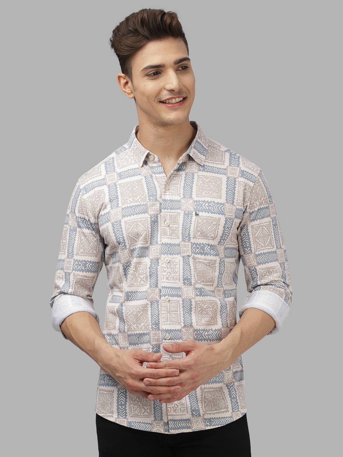 Bullmer Men Printed Casual Blue Shirt