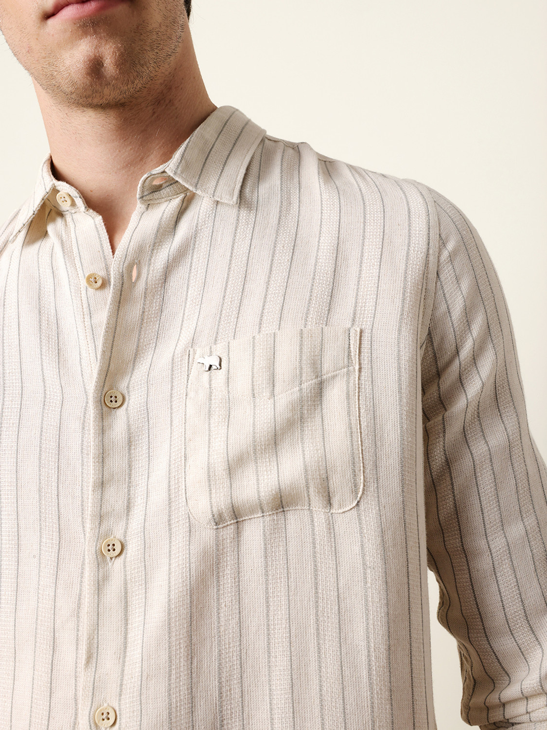 Image of THE BEAR HOUSE Men Striped Casual Cream Shirt