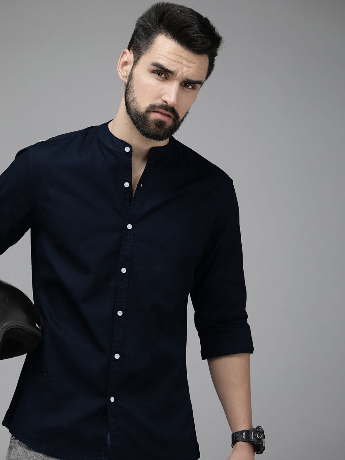 Image of Qlonz Store Men Solid Casual Blue Shirt