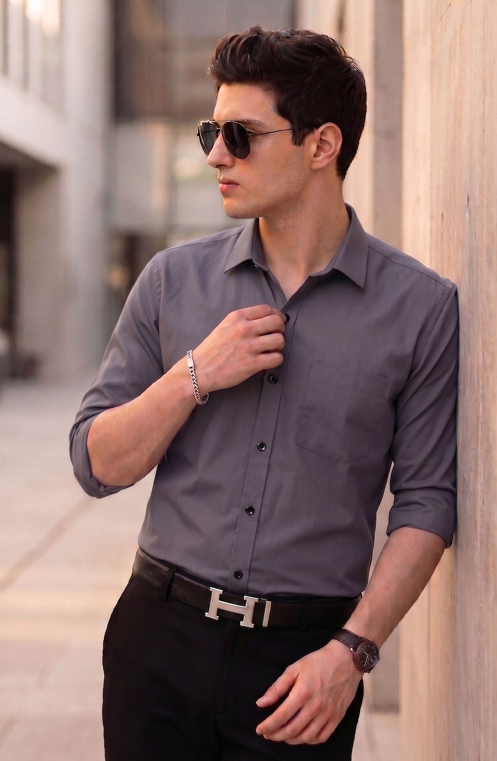 Image of FIBERMILL Men Solid Formal Grey Shirt