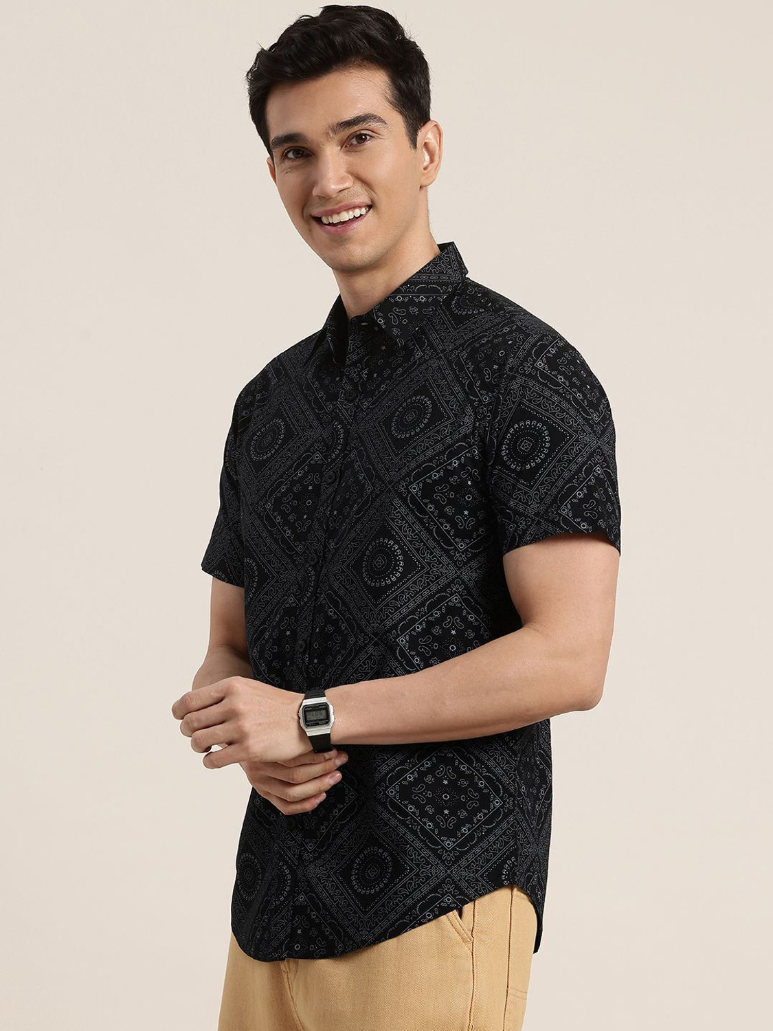 Image of HERE&NOW Men Printed Casual Black Shirt