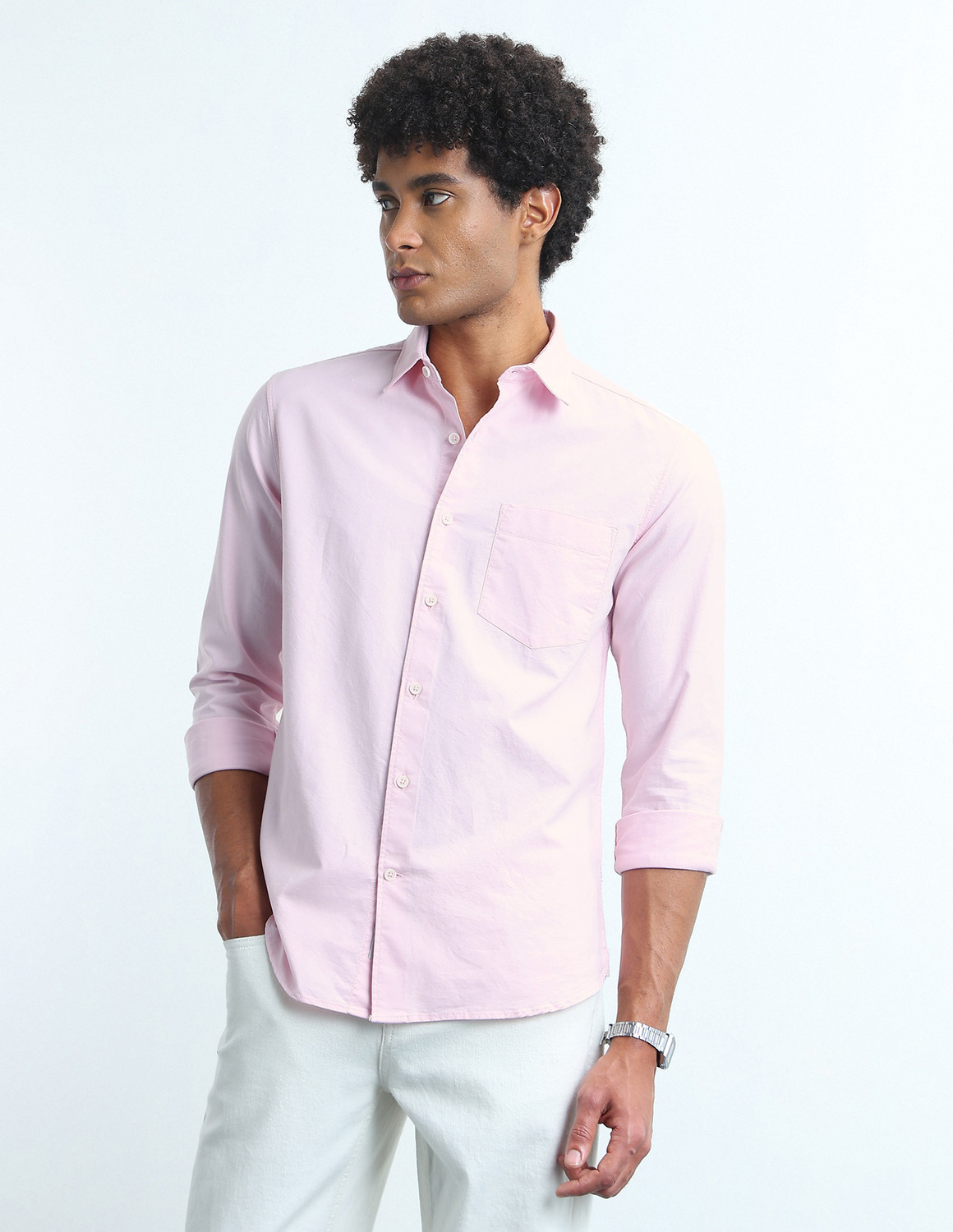 Image of FLYING MACHINE Men Solid Casual Pink Shirt