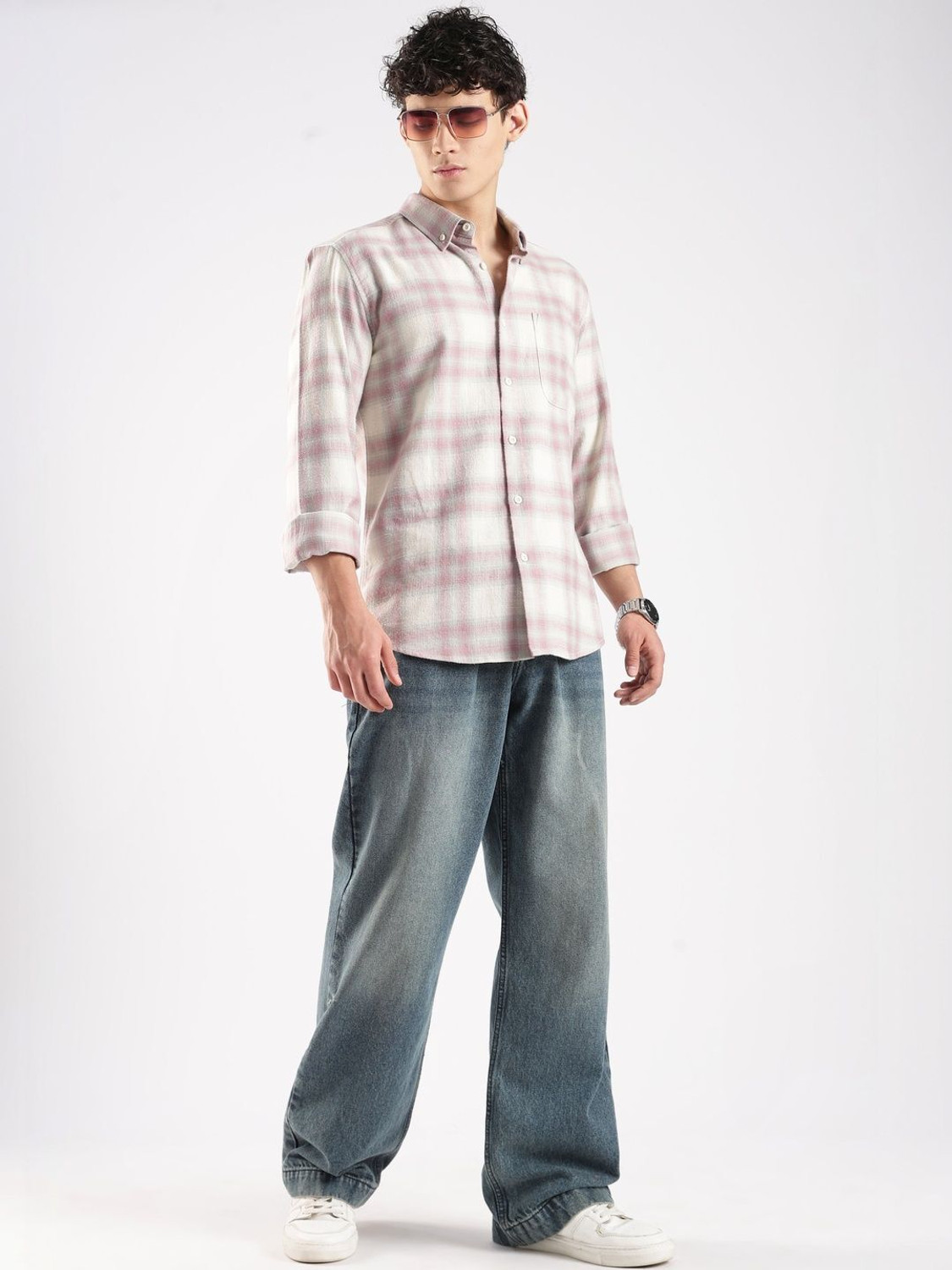 Image of HERE&NOW Men Checkered Casual White Shirt