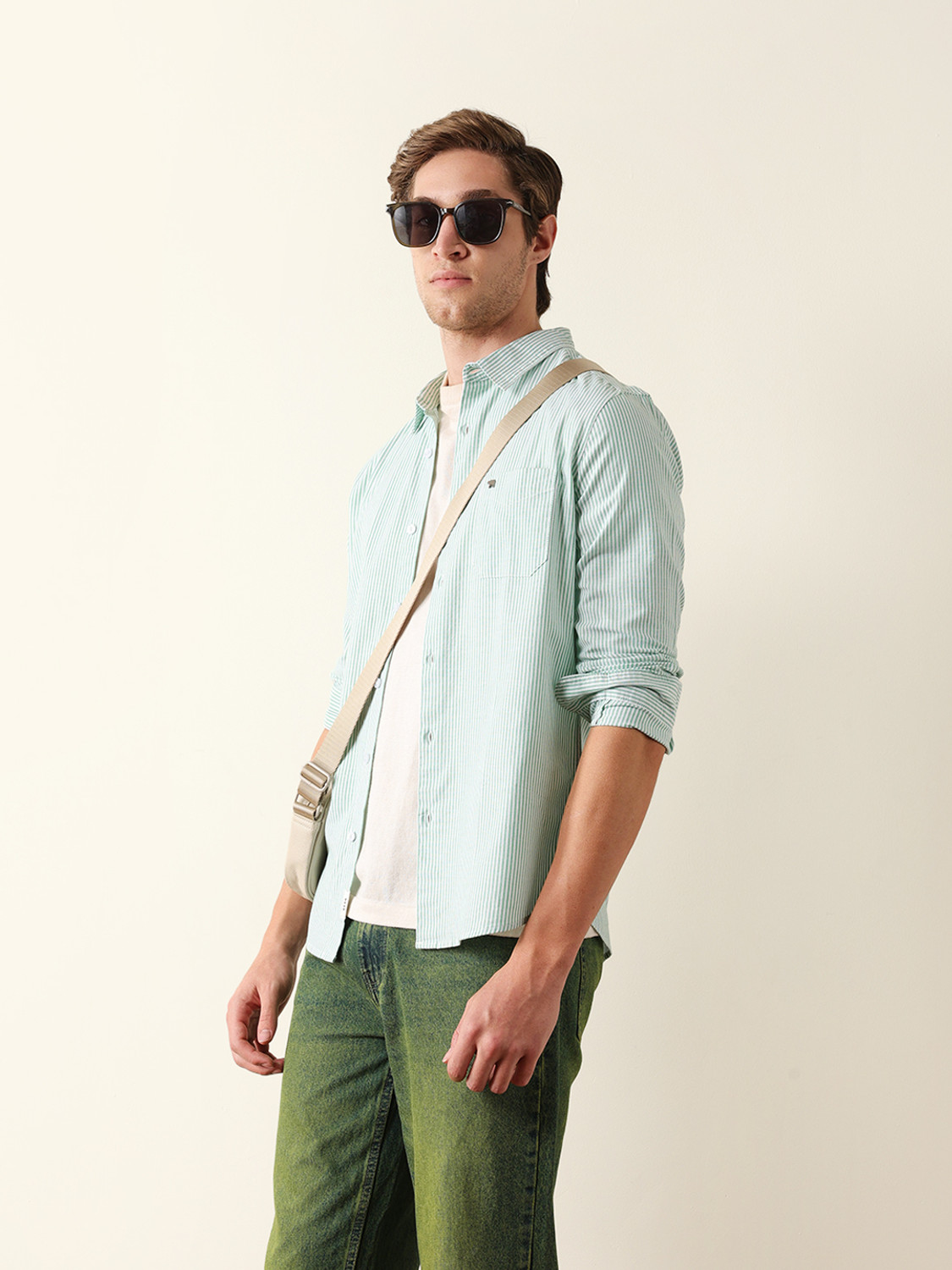 Image of THE BEAR HOUSE Men Striped Casual Green Shirt