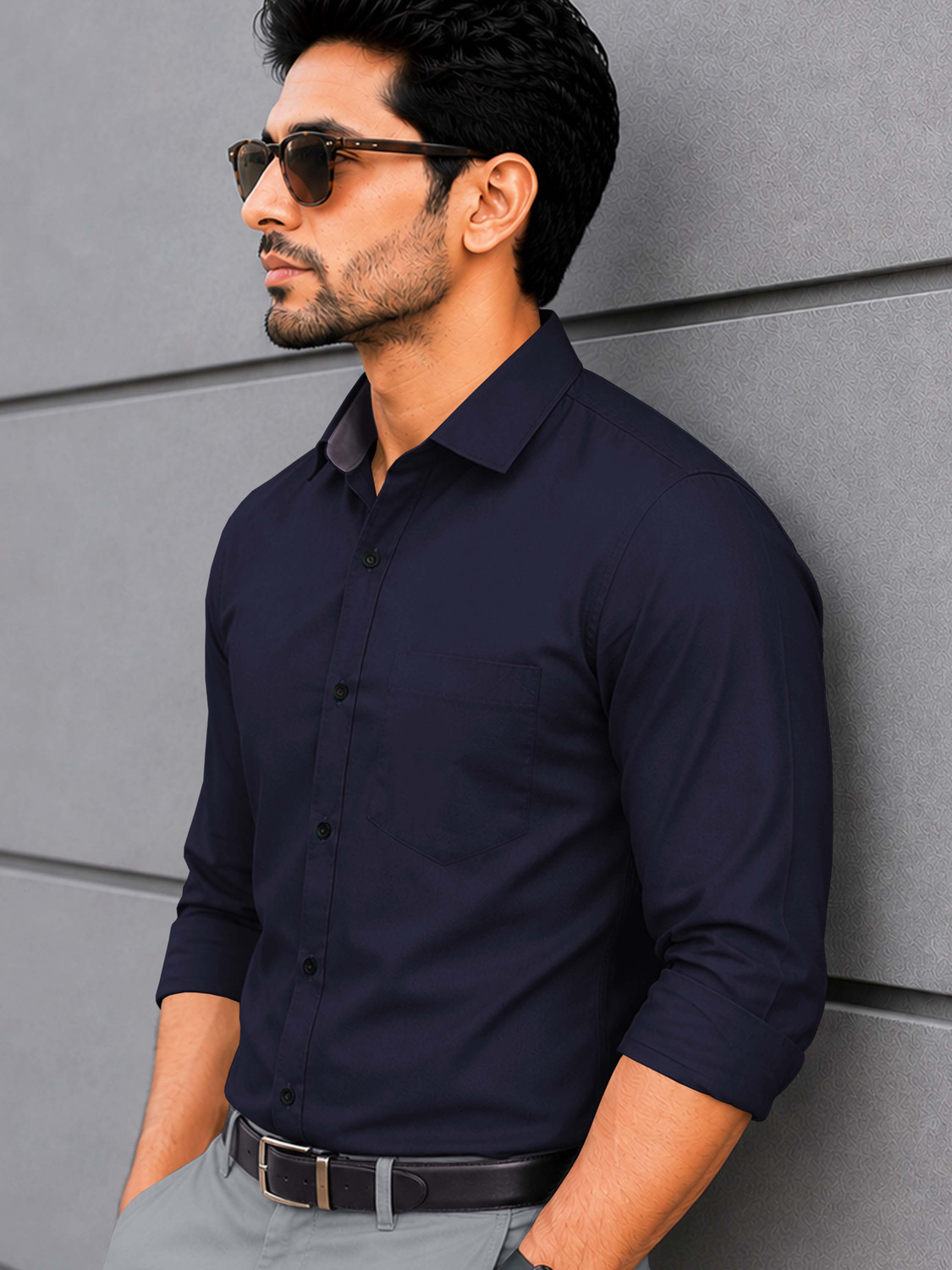 Image of VeBNoR Men Solid Casual Dark Blue Shirt