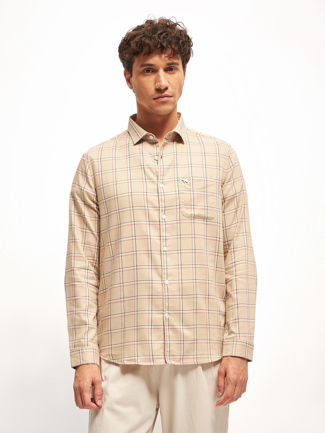 Image of THE BEAR HOUSE Men Checkered Casual Beige Shirt