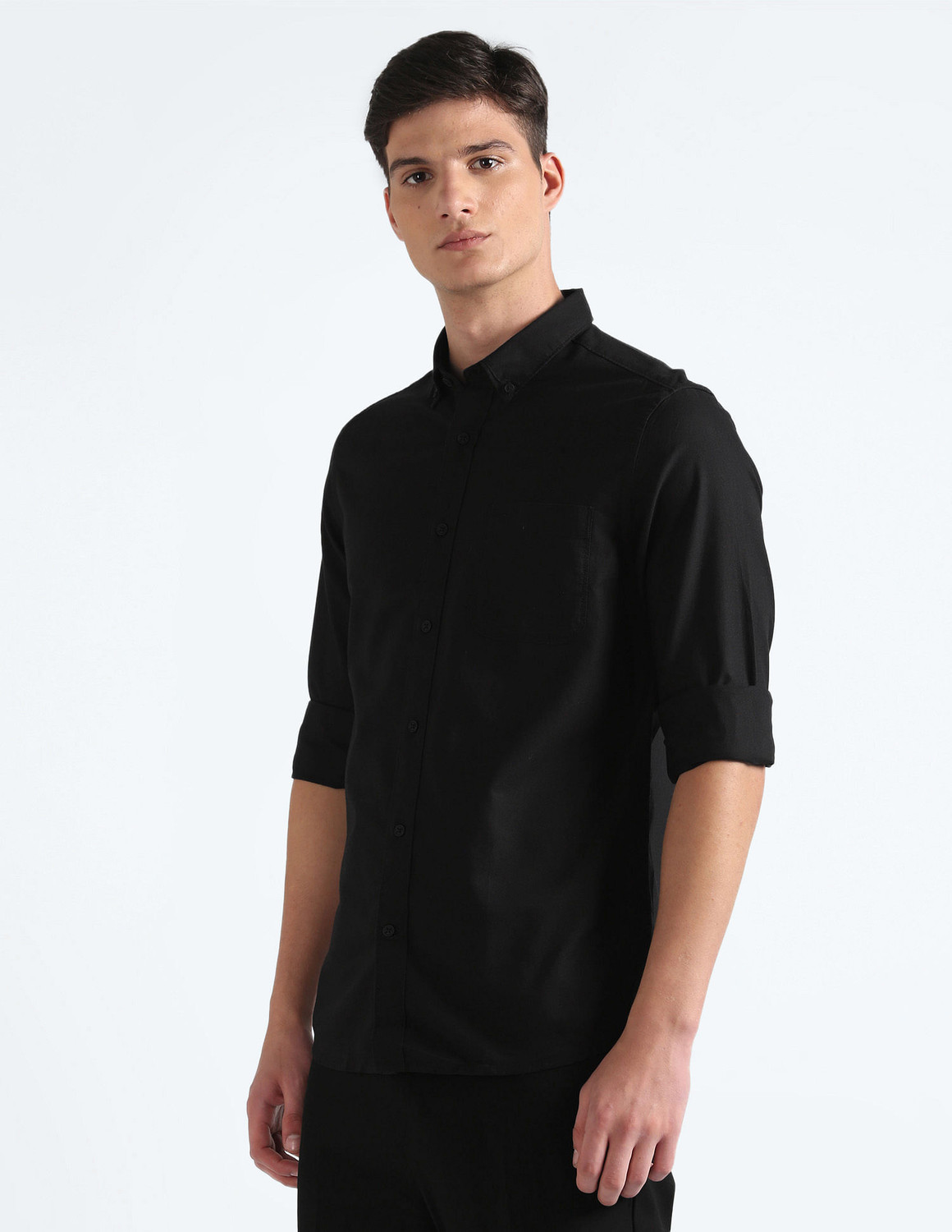 Image of FLYING MACHINE Men Solid Casual Black Shirt