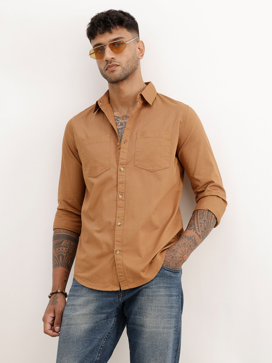 Image of WROGN Men Solid Casual Khaki Shirt