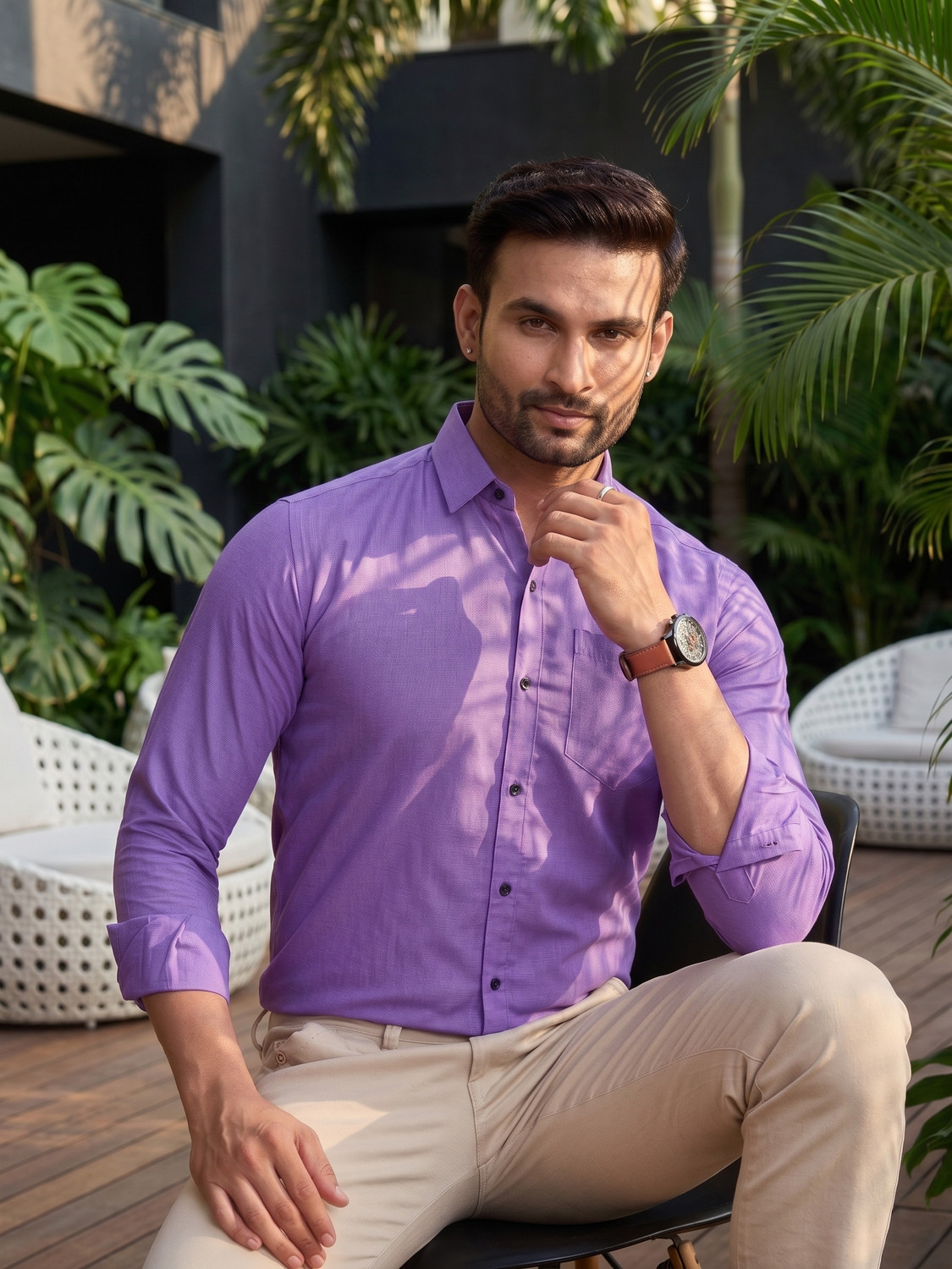 Image of STONEBERG Men Solid Formal Purple Shirt