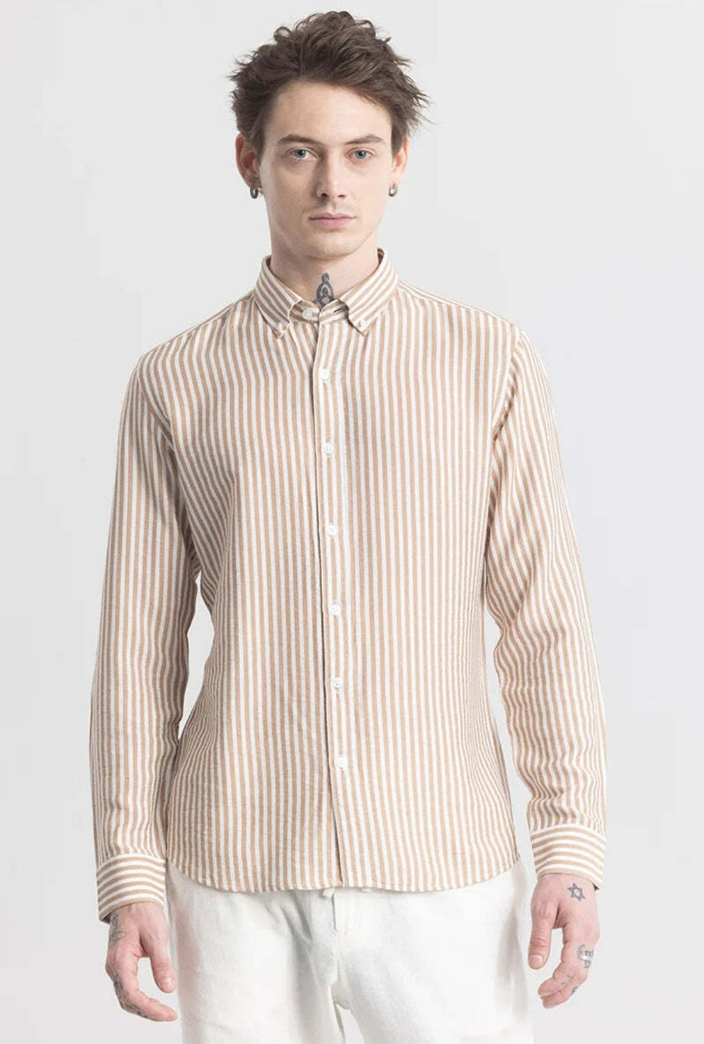 Image of METRONAUT Men Striped Casual Brown Shirt