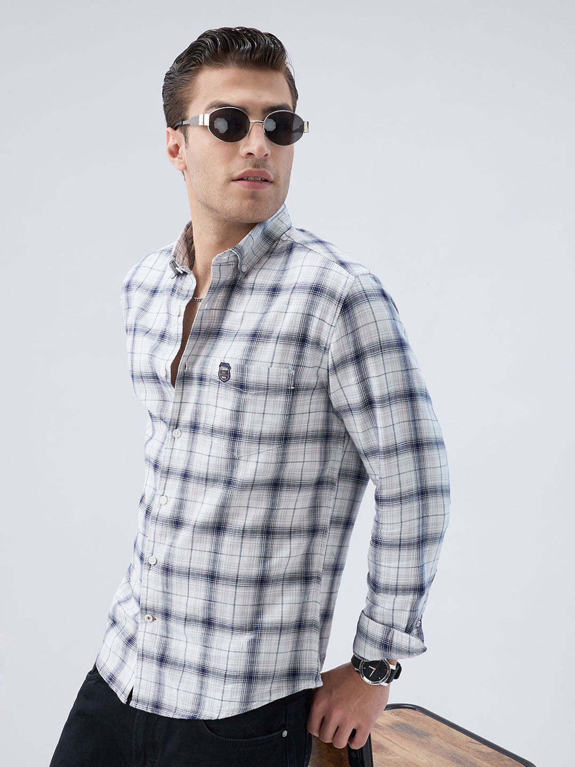 Image of VASTRADO Men Checkered Casual White Shirt