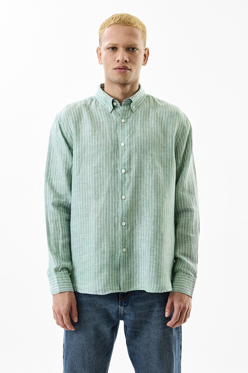 Image of Snitch Men Striped Casual Light Green Shirt