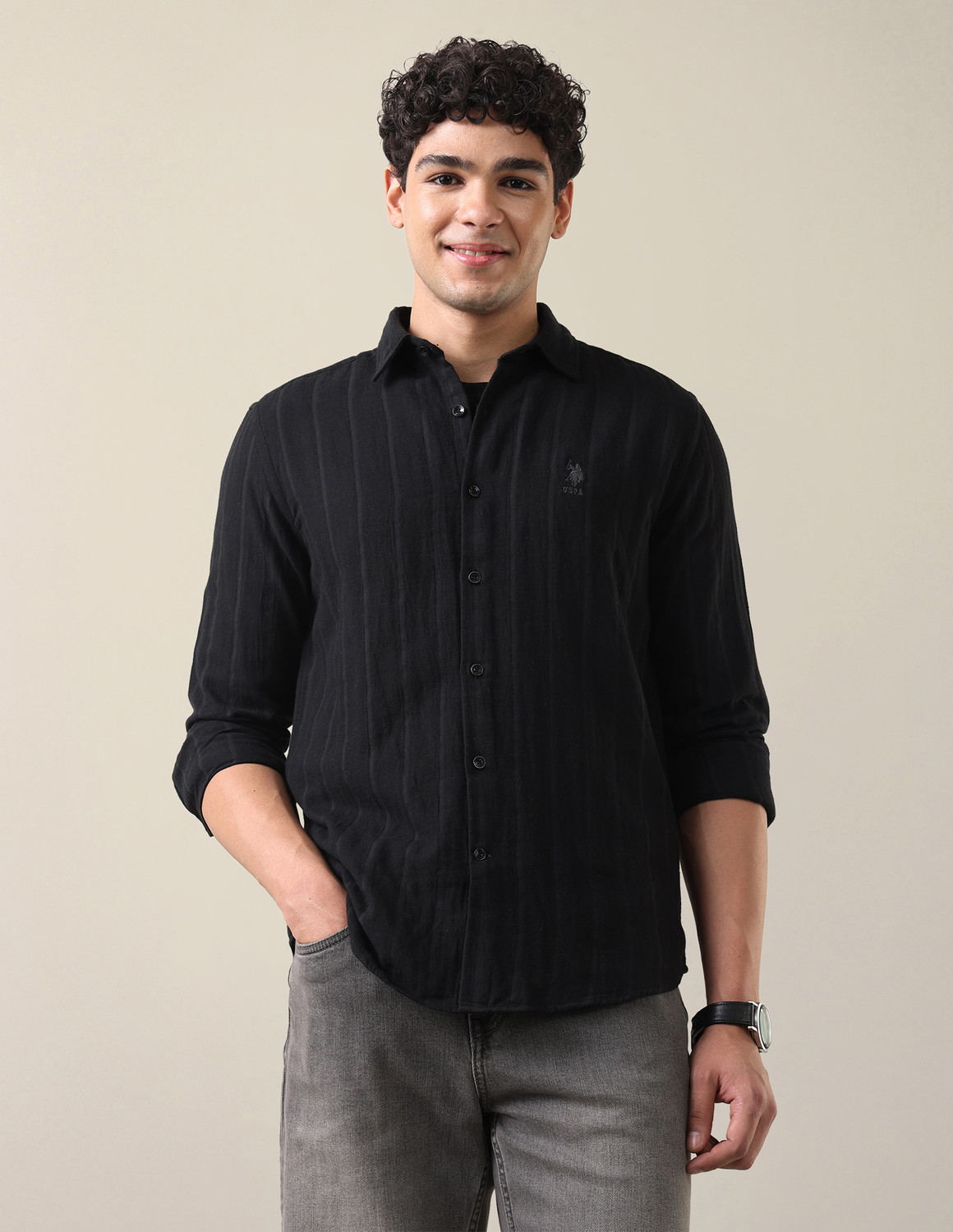 Image of U.S. Polo Assn. Denim Co. Men Regular Fit Self Design Spread Collar Casual Shirt