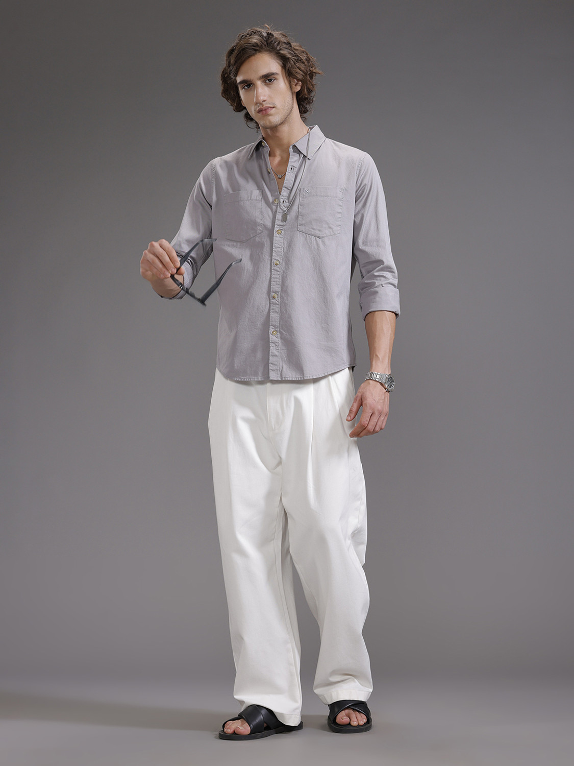 Image of WROGN Men Slim Fit Solid Spread Collar Casual Shirt