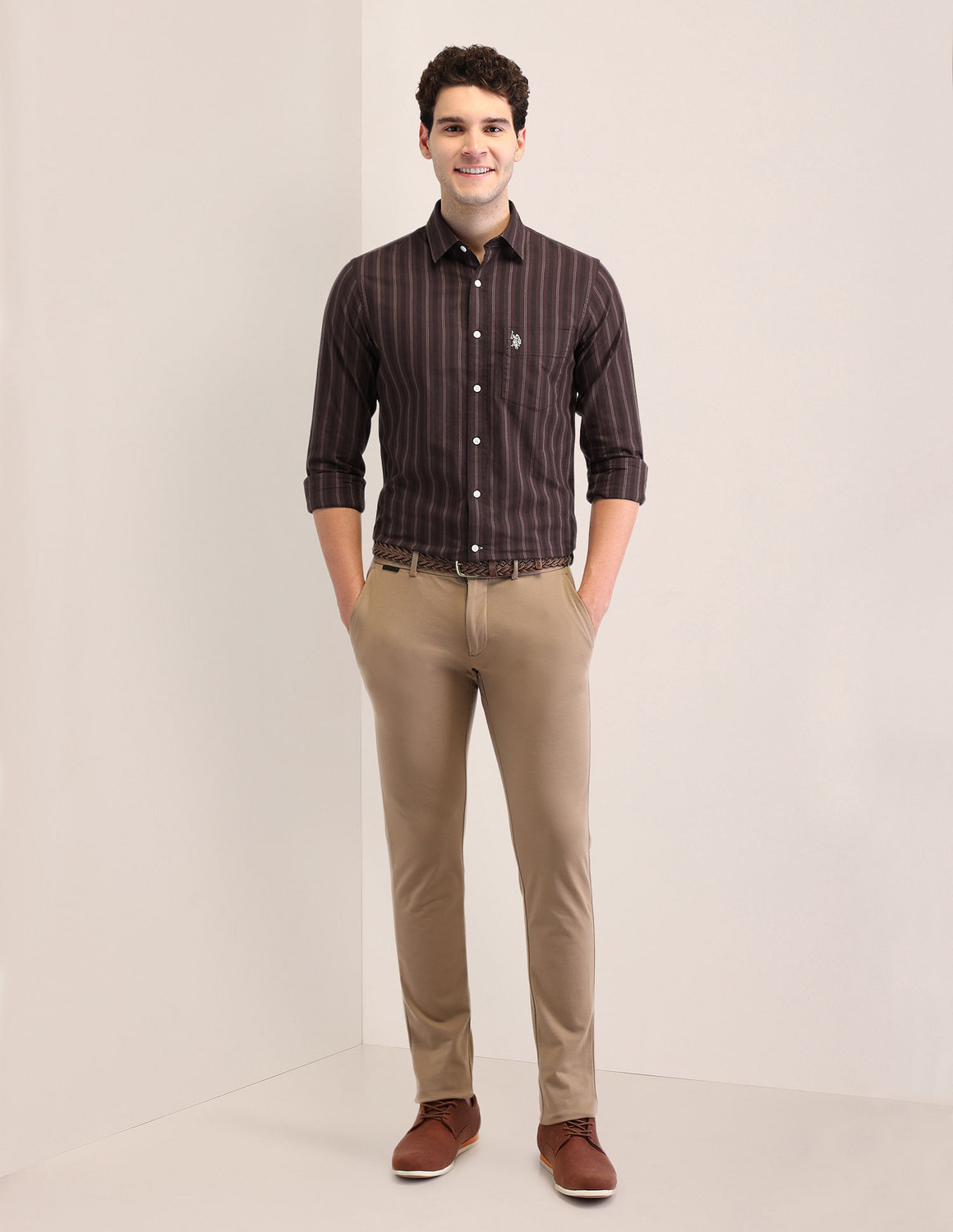 Image of U.S. POLO ASSN. Men Striped Casual Brown Shirt