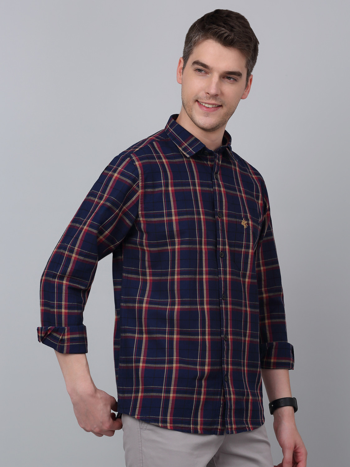 Image of CANTABIL Men Checkered Casual Dark Blue Shirt