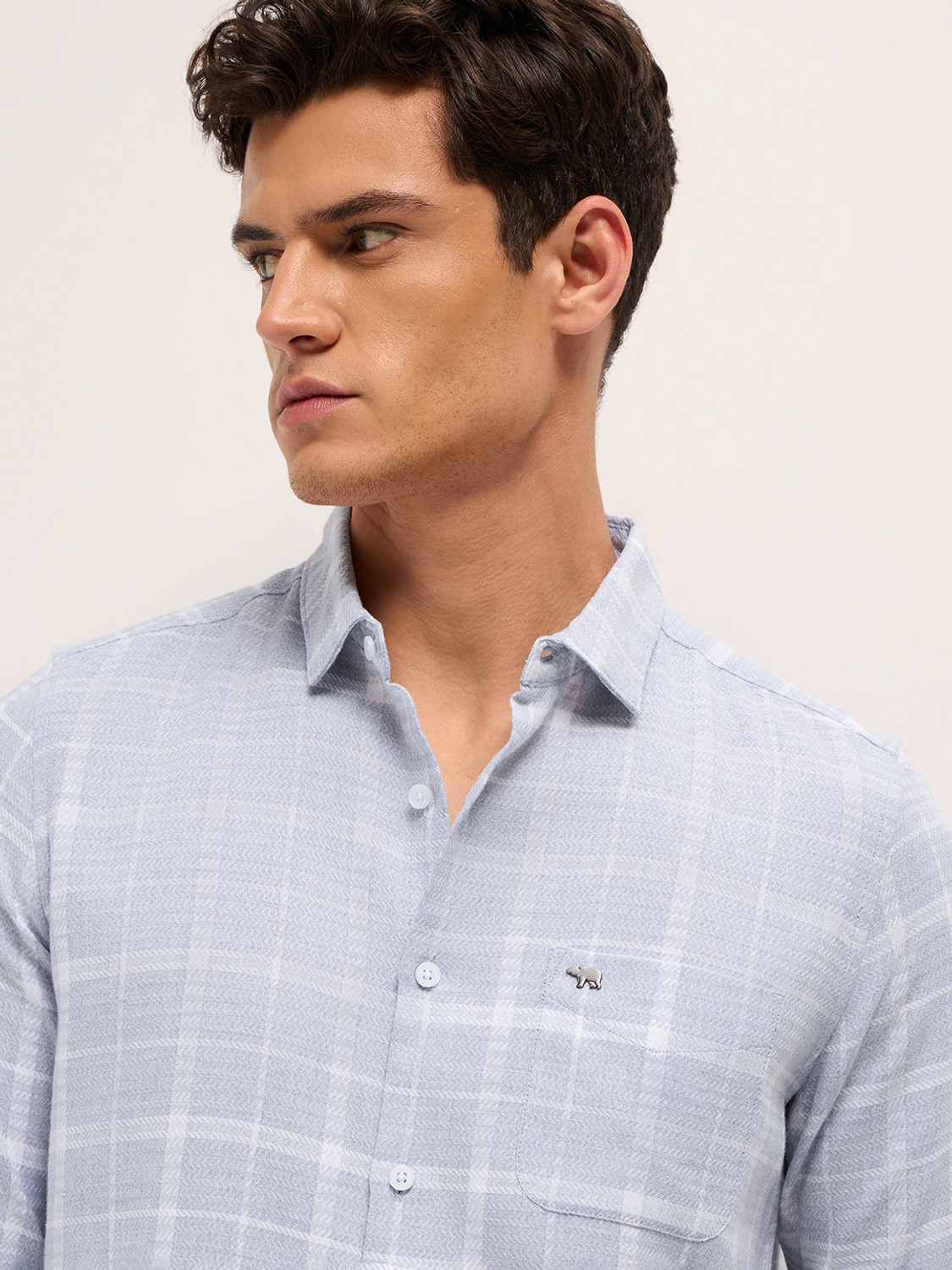 Image of THE BEAR HOUSE Men Checkered Casual Blue Shirt