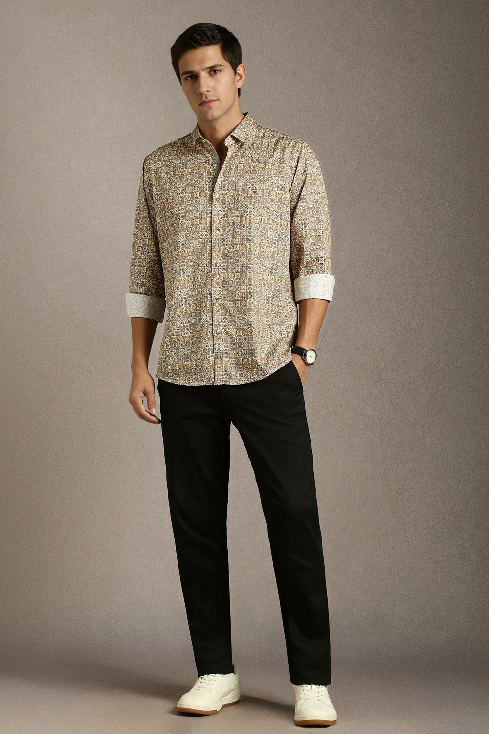 Image of LOUIS PHILIPPE Men Printed Casual Beige Shirt