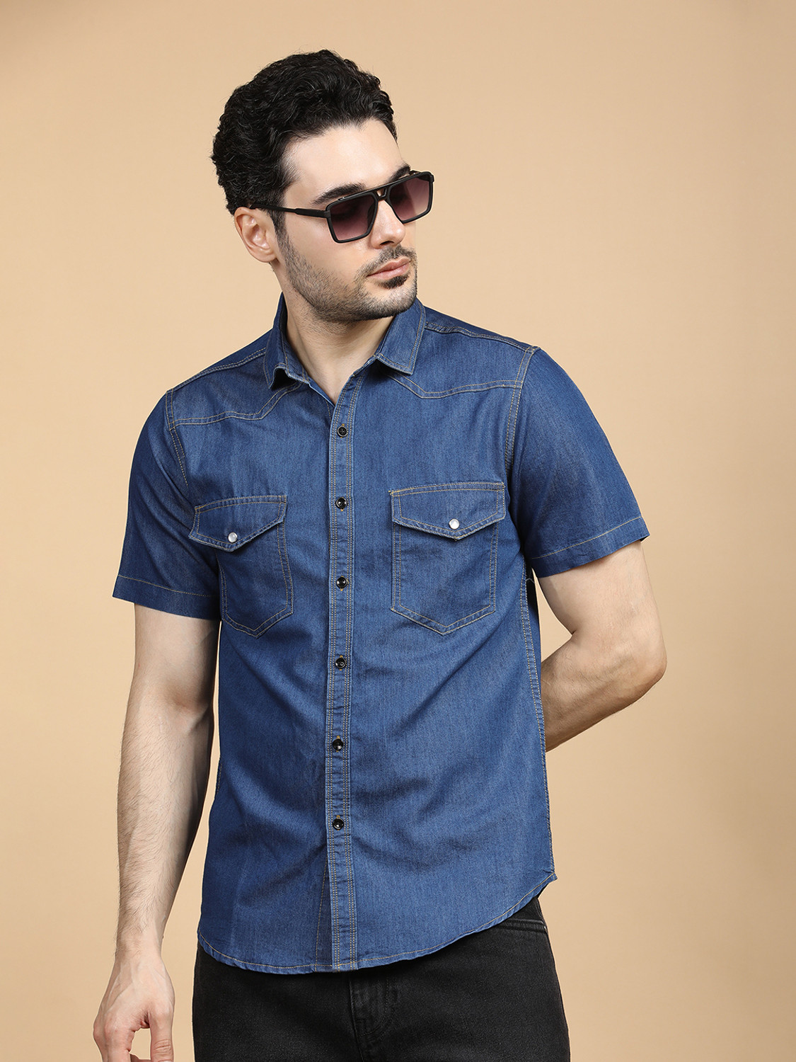 Image of GRANDSTITCH Men Washed Casual Light Blue Shirt